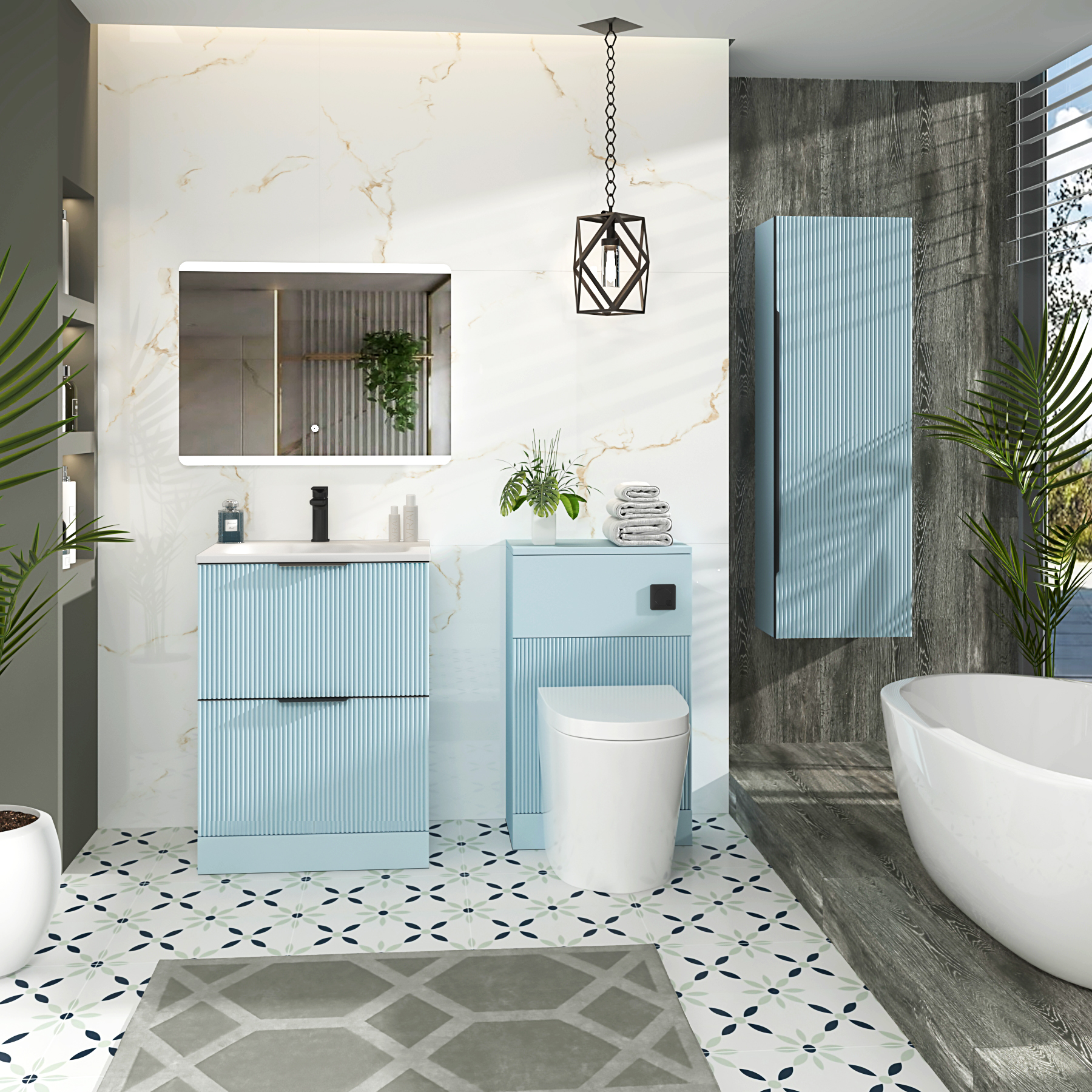 Evora Powder Blue Fluted Floor Standing Vanity Unit 2 Drawer with Matt Stone Basin - Multiple Size