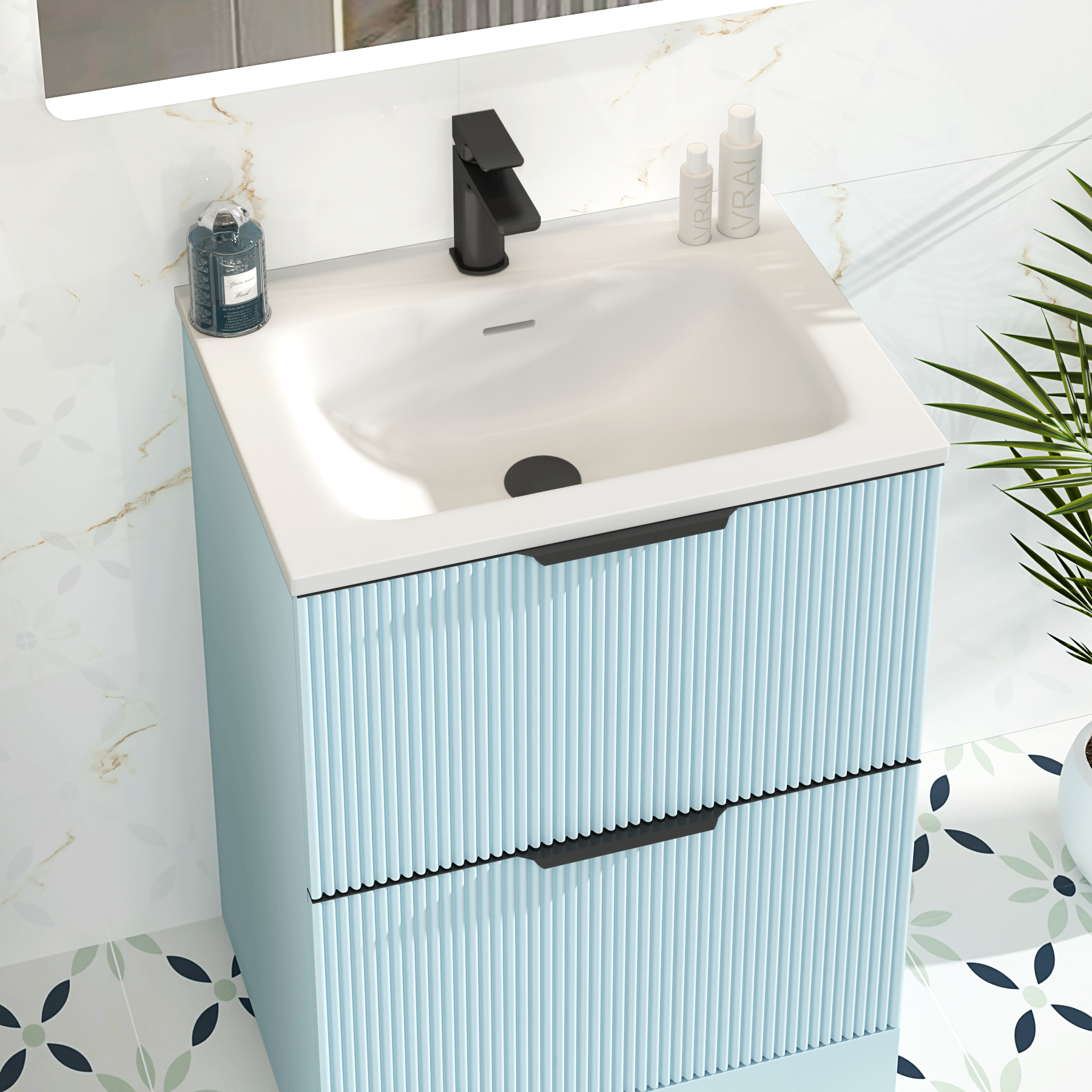 Evora Powder Blue Fluted Floor Standing Vanity Unit 2 Drawer with Matt Stone Basin - Multiple Size