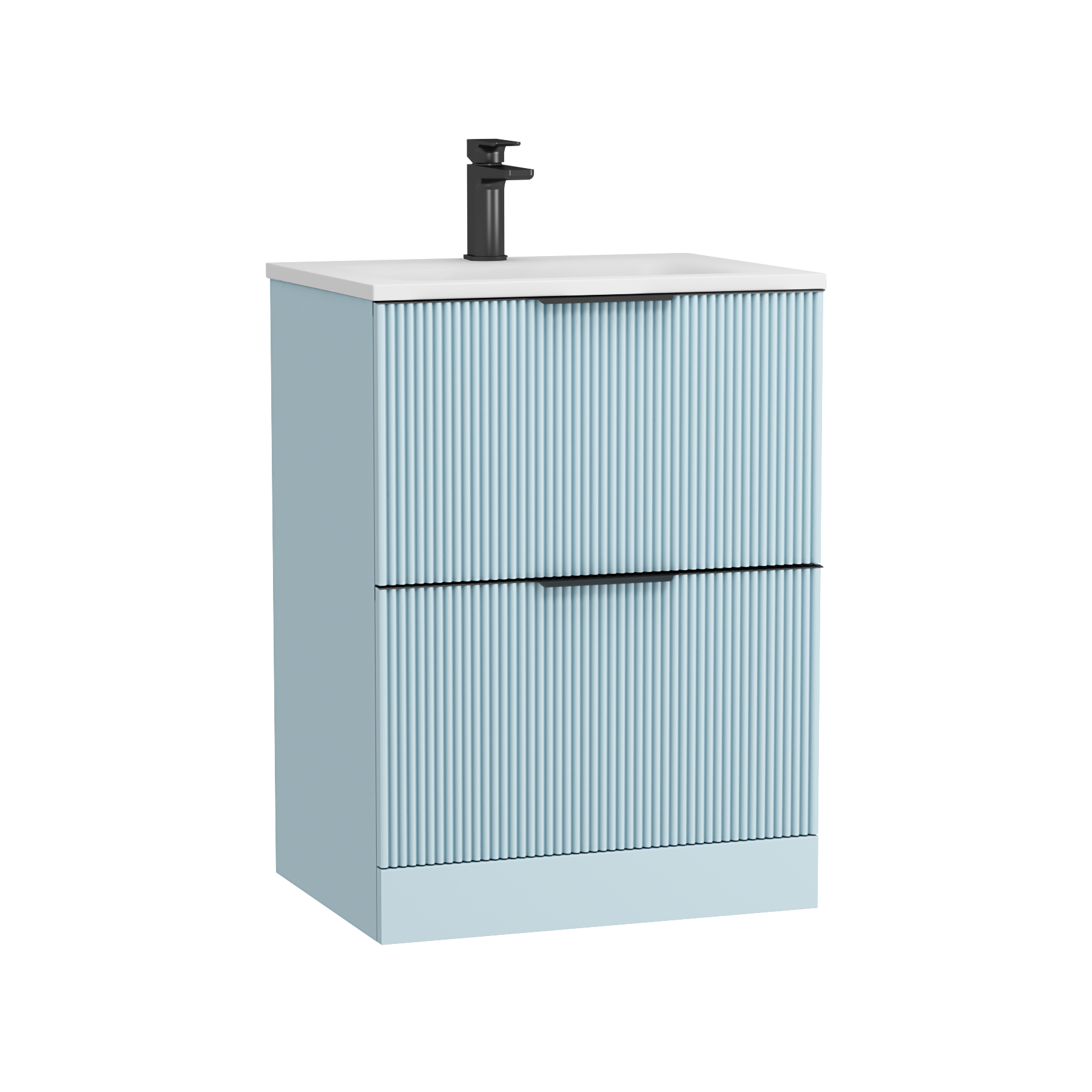 Evora Powder Blue Fluted Floor Standing Vanity Unit 2 Drawer with Matt Stone Basin - Multiple Size