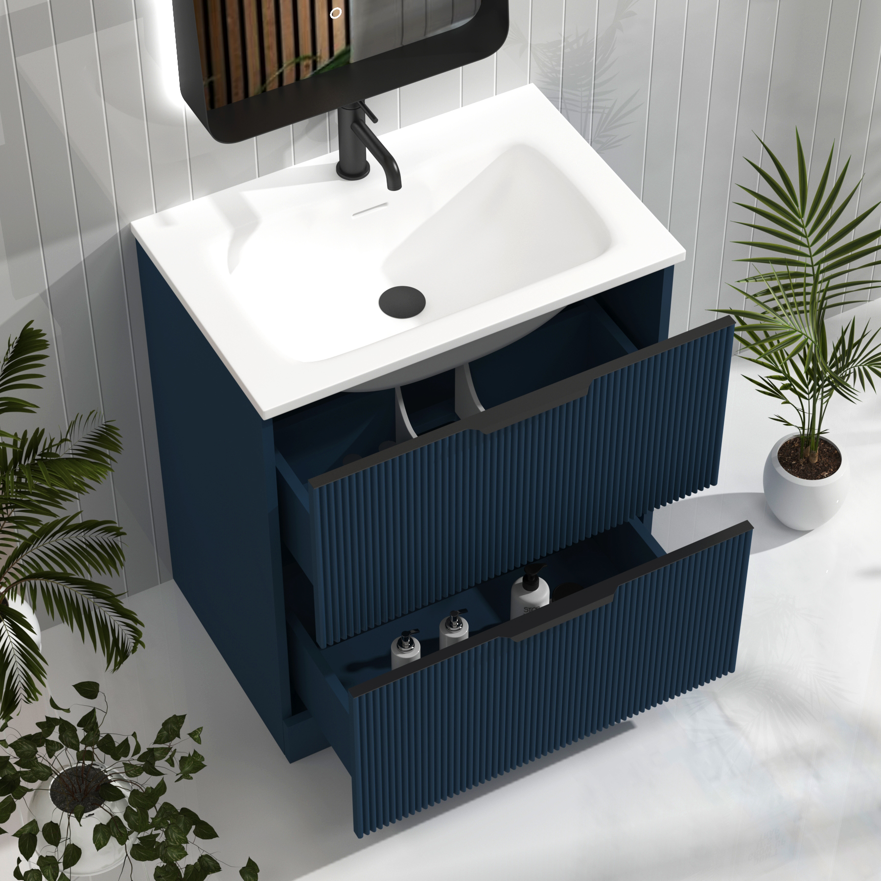 Evora 700mm Midnight Blue Fluted Floor Standing Vanity Unit 2 Drawer with Matt Stone Basin & Matt Black Handles