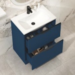 Evora 700mm Satin Blue Fluted Floor Standing Vanity Unit 2 Drawer with Stone Basin & Matt Black Handles