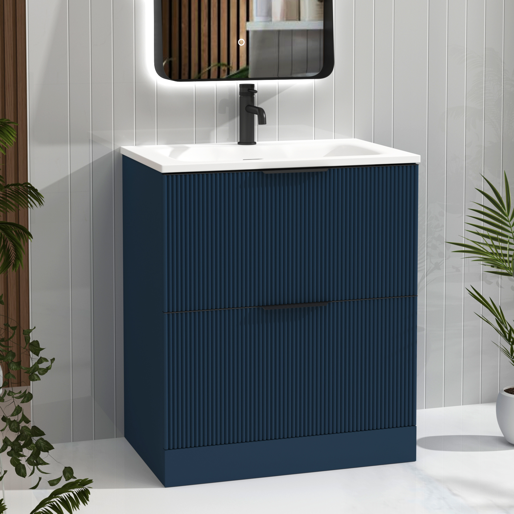 Evora 700mm Midnight Blue Fluted Floor Standing Vanity Unit 2 Drawer with Matt Stone Basin & Matt Black Handles
