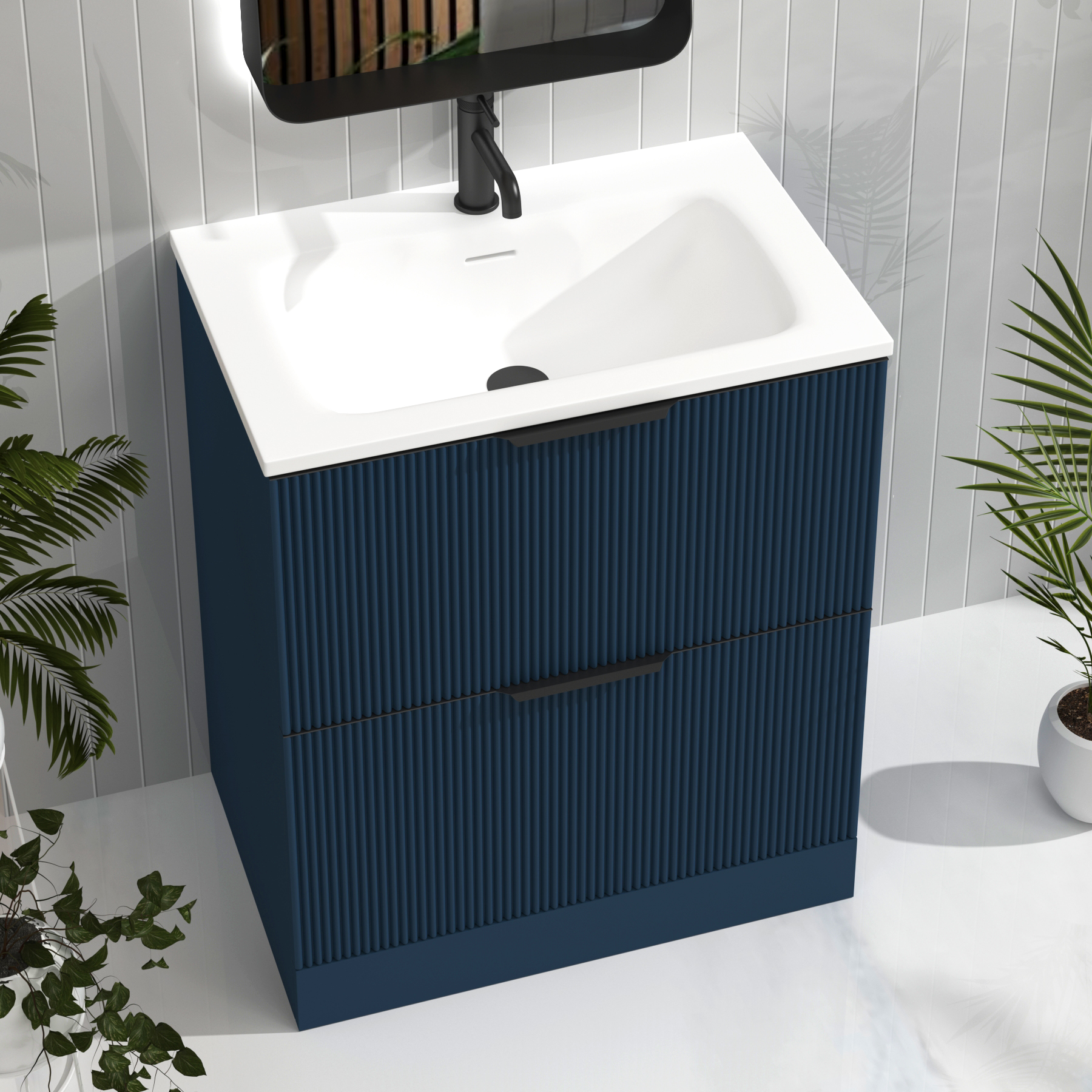 Evora 700mm Midnight Blue Fluted Floor Standing Vanity Unit 2 Drawer with Matt Stone Basin & Matt Black Handles