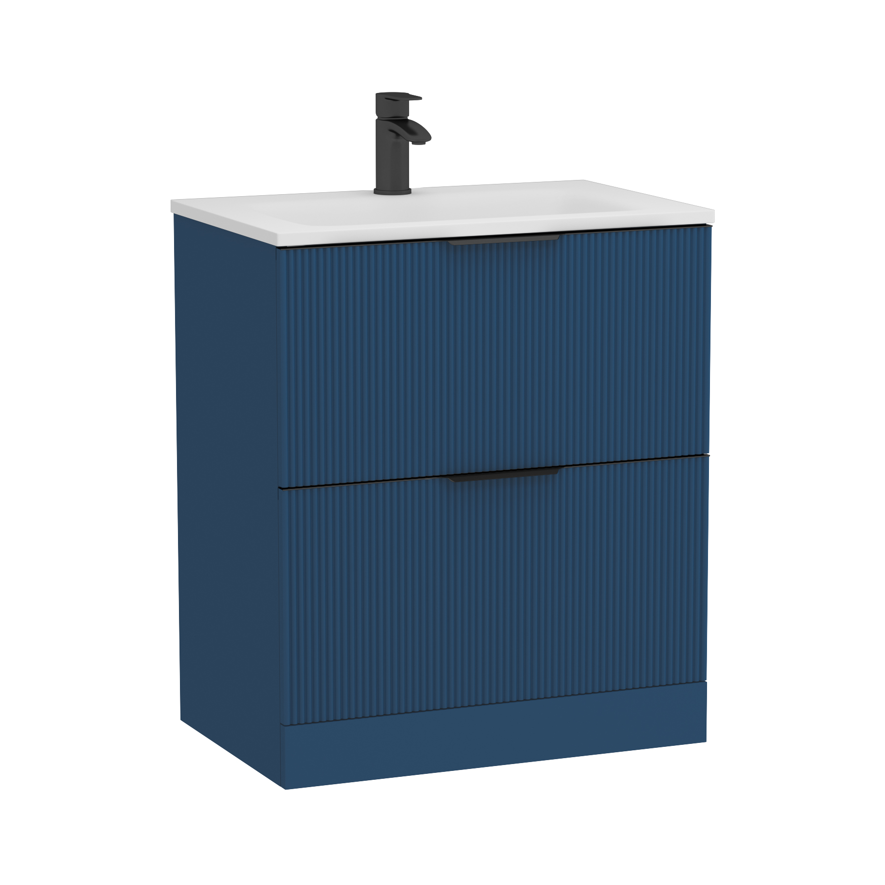 Evora 700mm Midnight Blue Fluted Floor Standing Vanity Unit 2 Drawer with Matt Stone Basin & Matt Black Handles