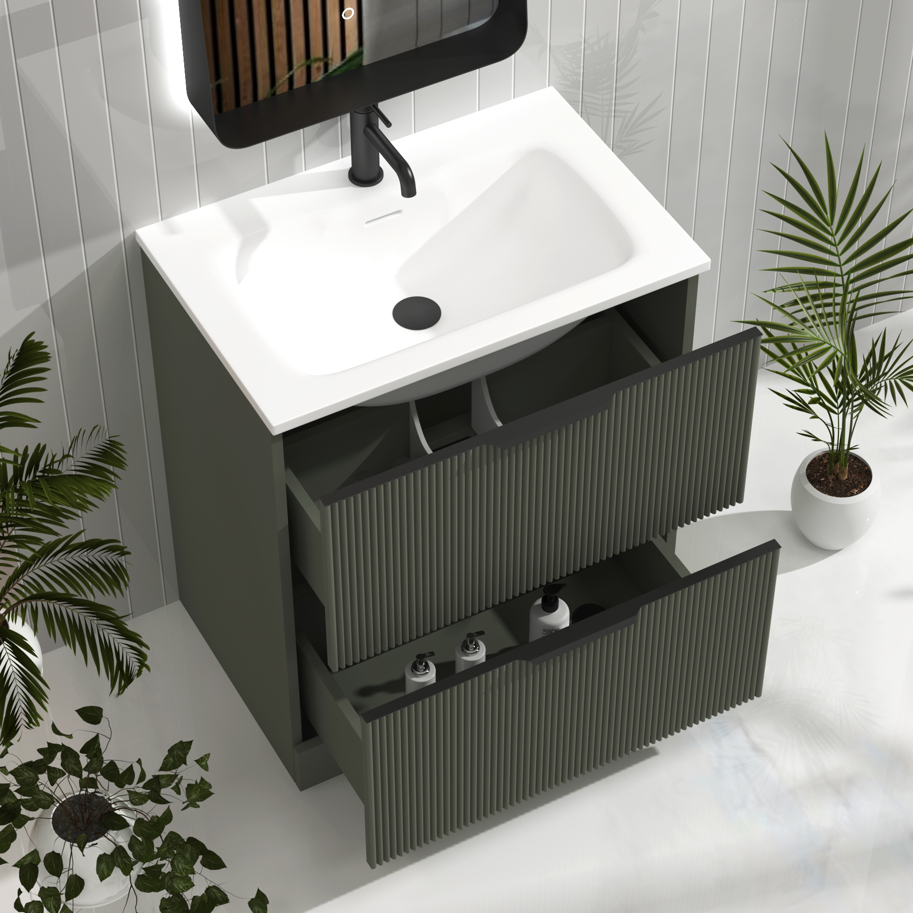 Evora 700mm Sage Green Fluted Floor Standing Vanity Unit 2 Drawer with Matt Stone Basin & Matt Black Handles