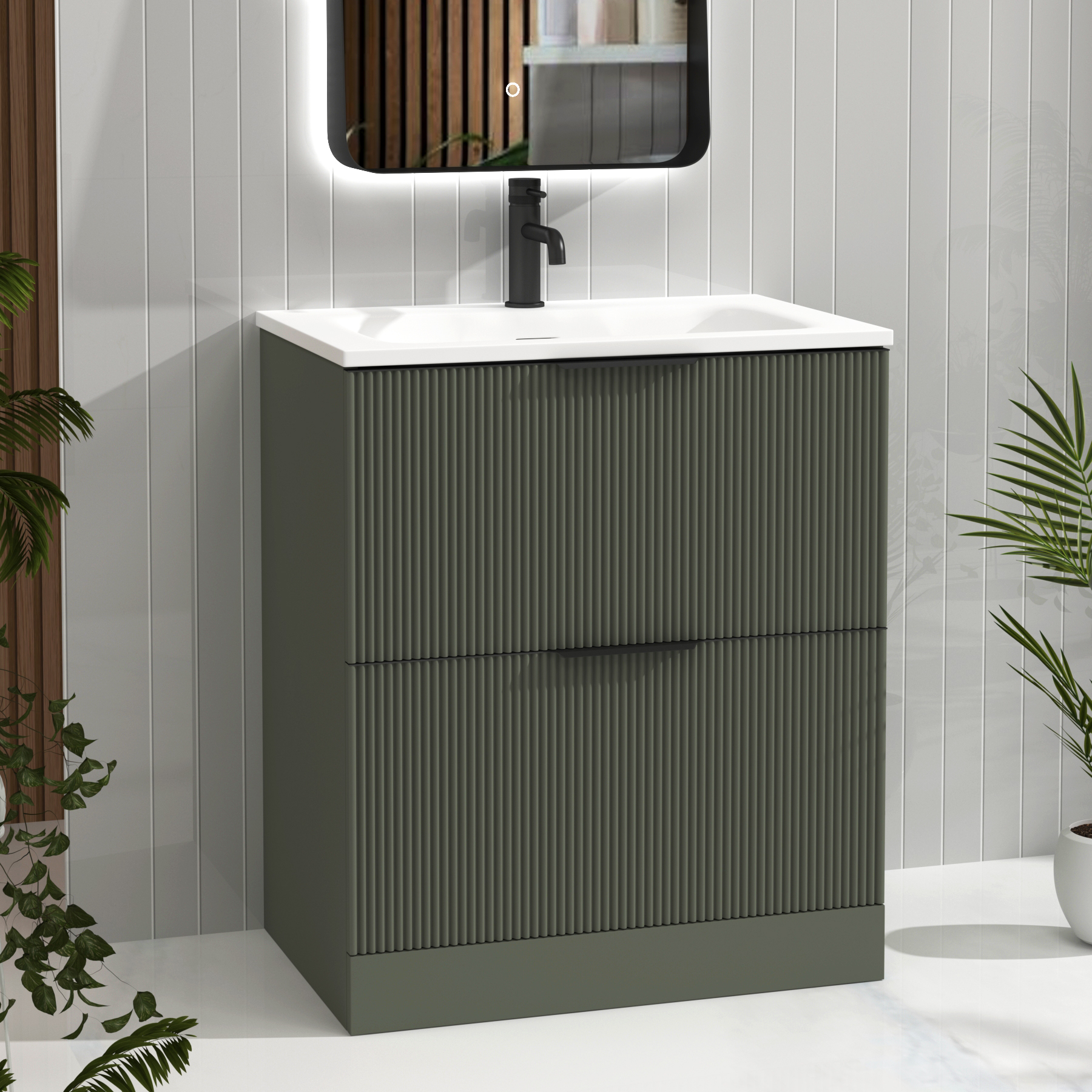 Evora 700mm Sage Green Fluted Floor Standing Vanity Unit 2 Drawer with Matt Stone Basin & Matt Black Handles