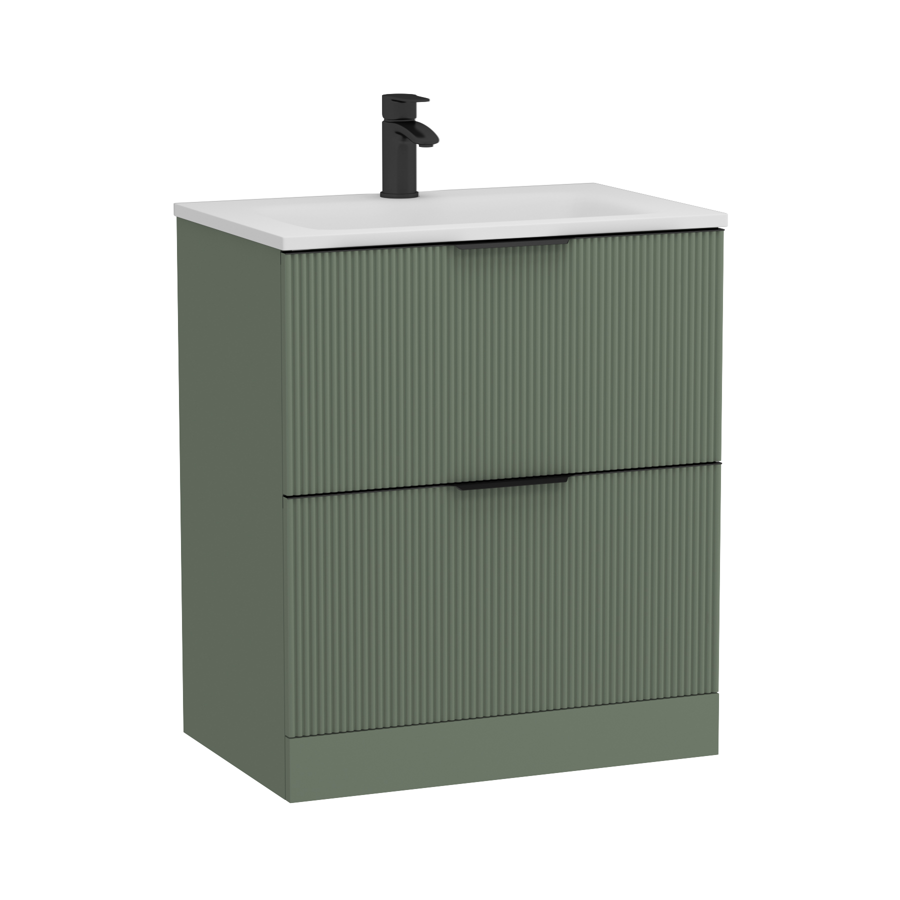 Evora 700mm Sage Green Fluted Floor Standing Vanity Unit 2 Drawer with Matt Stone Basin & Matt Black Handles