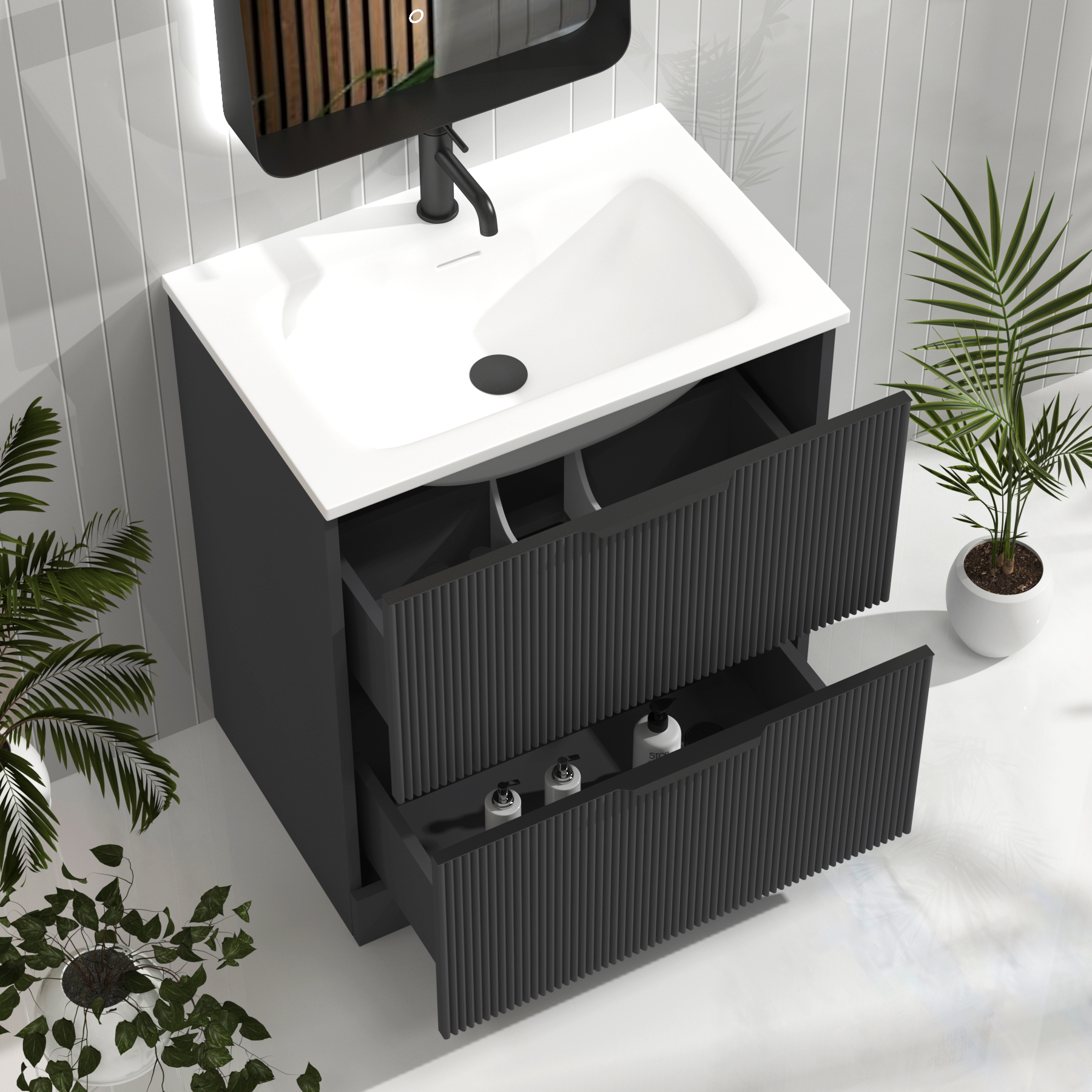 Evora 700mm Graphite Grey Fluted Floor Standing Vanity Unit 2 Drawer with Matt Stone Basin & Matt Black Handles