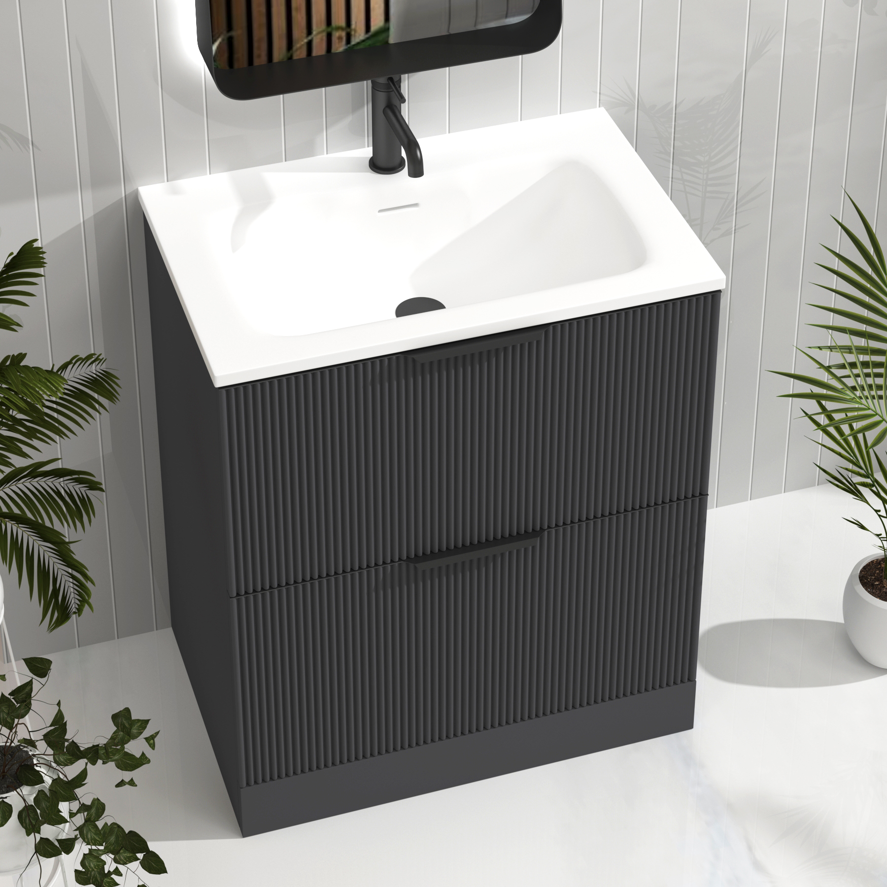 Evora 700mm Graphite Grey Fluted Floor Standing Vanity Unit 2 Drawer with Matt Stone Basin & Matt Black Handles