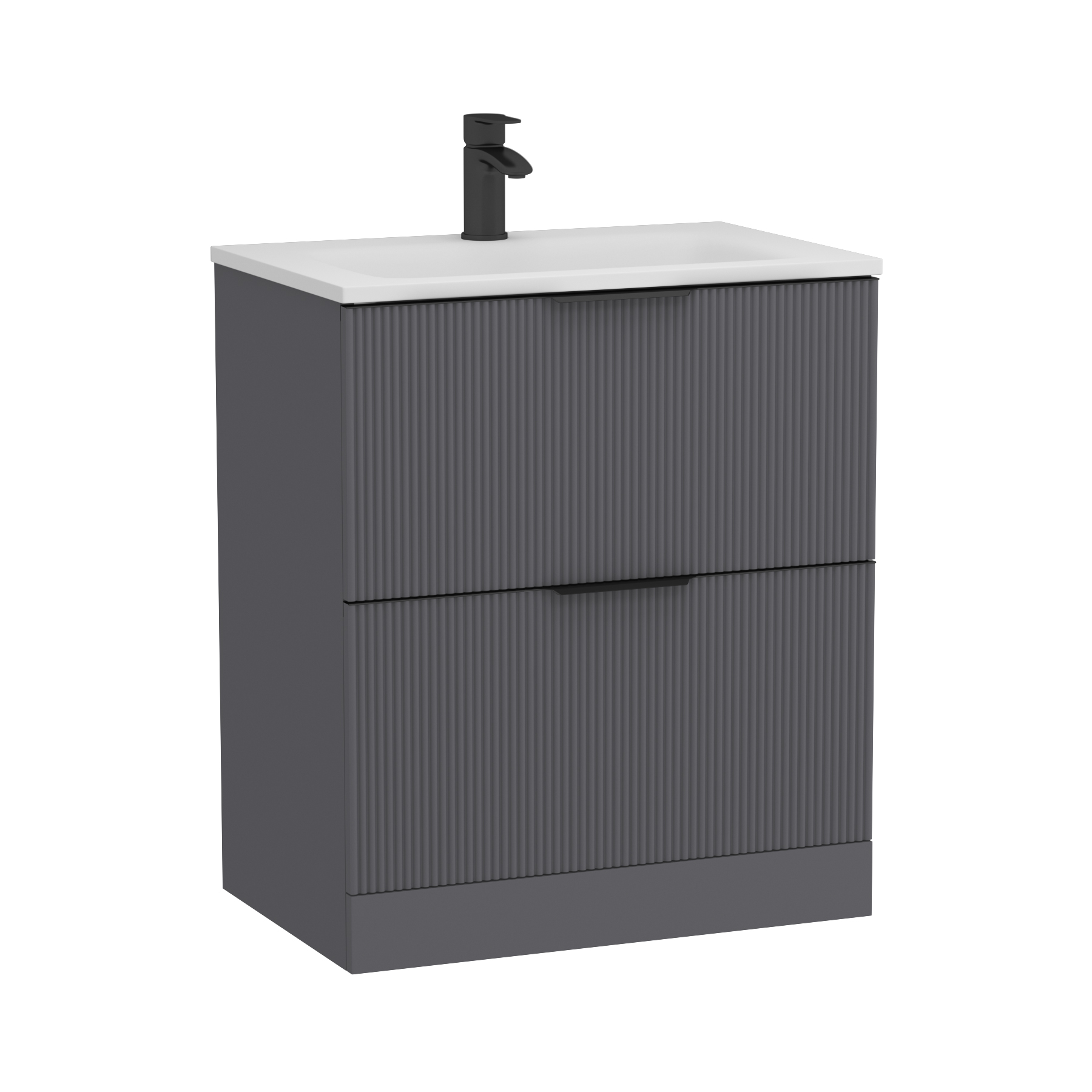 Evora 700mm Graphite Grey Fluted Floor Standing Vanity Unit 2 Drawer with Matt Stone Basin & Matt Black Handles