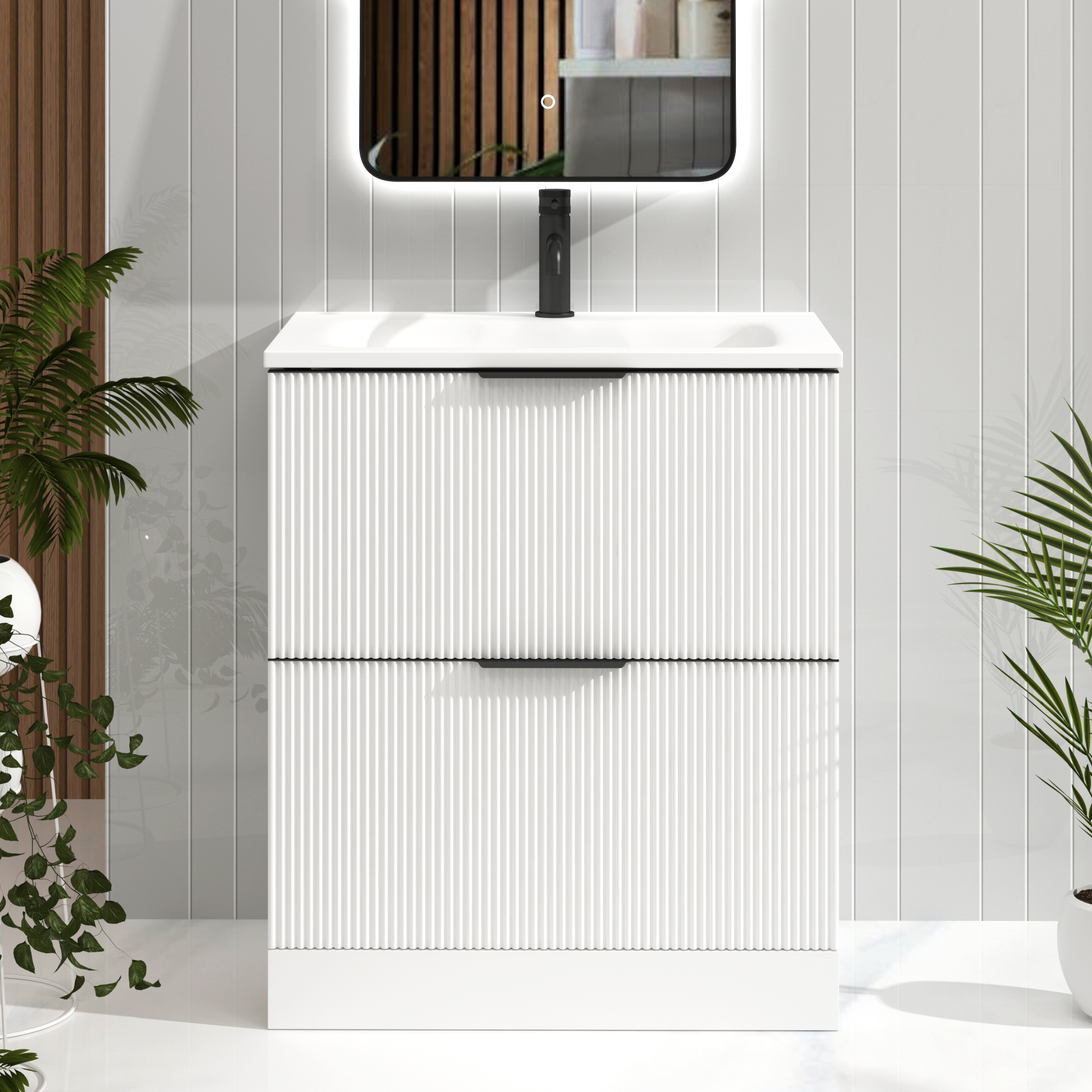 Evora 700mm Matt White Fluted Floor Standing Vanity Unit 2 Drawer with Matt Stone Basin & Matt Black Handles