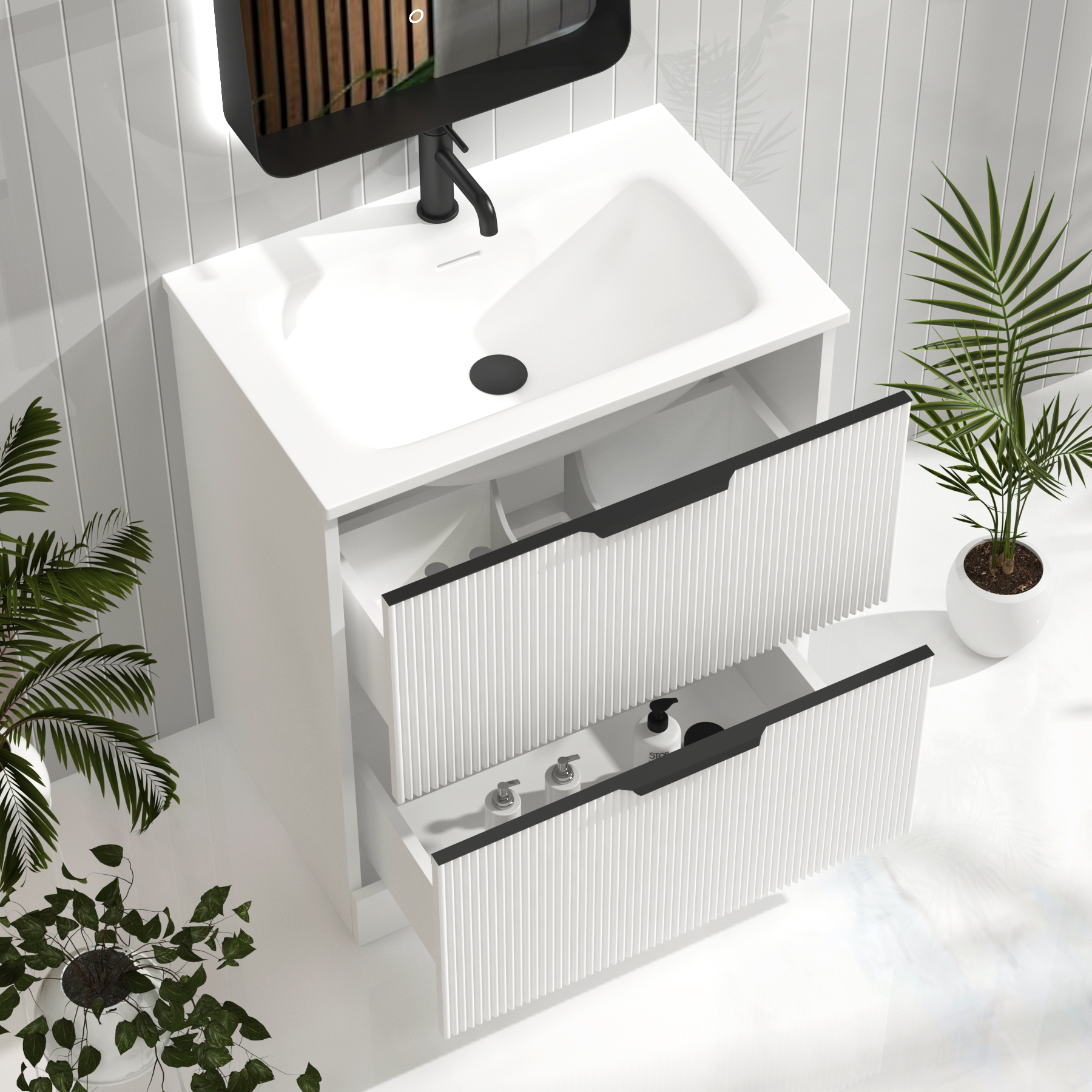 Evora 700mm Matt White Fluted Floor Standing Vanity Unit 2 Drawer with Matt Stone Basin & Matt Black Handles