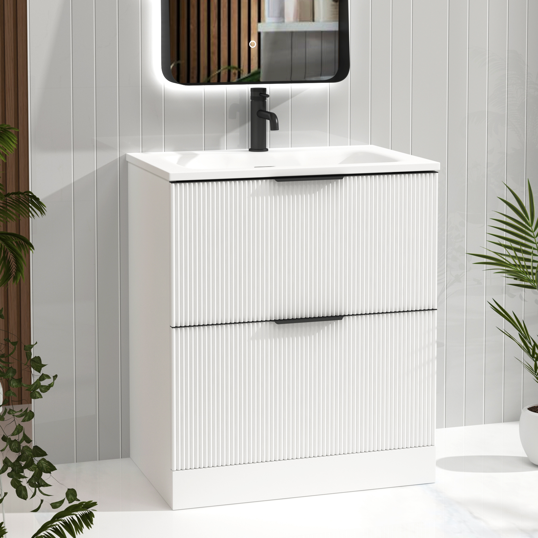 Evora 700mm Matt White Fluted Floor Standing Vanity Unit 2 Drawer with Matt Stone Basin & Matt Black Handles