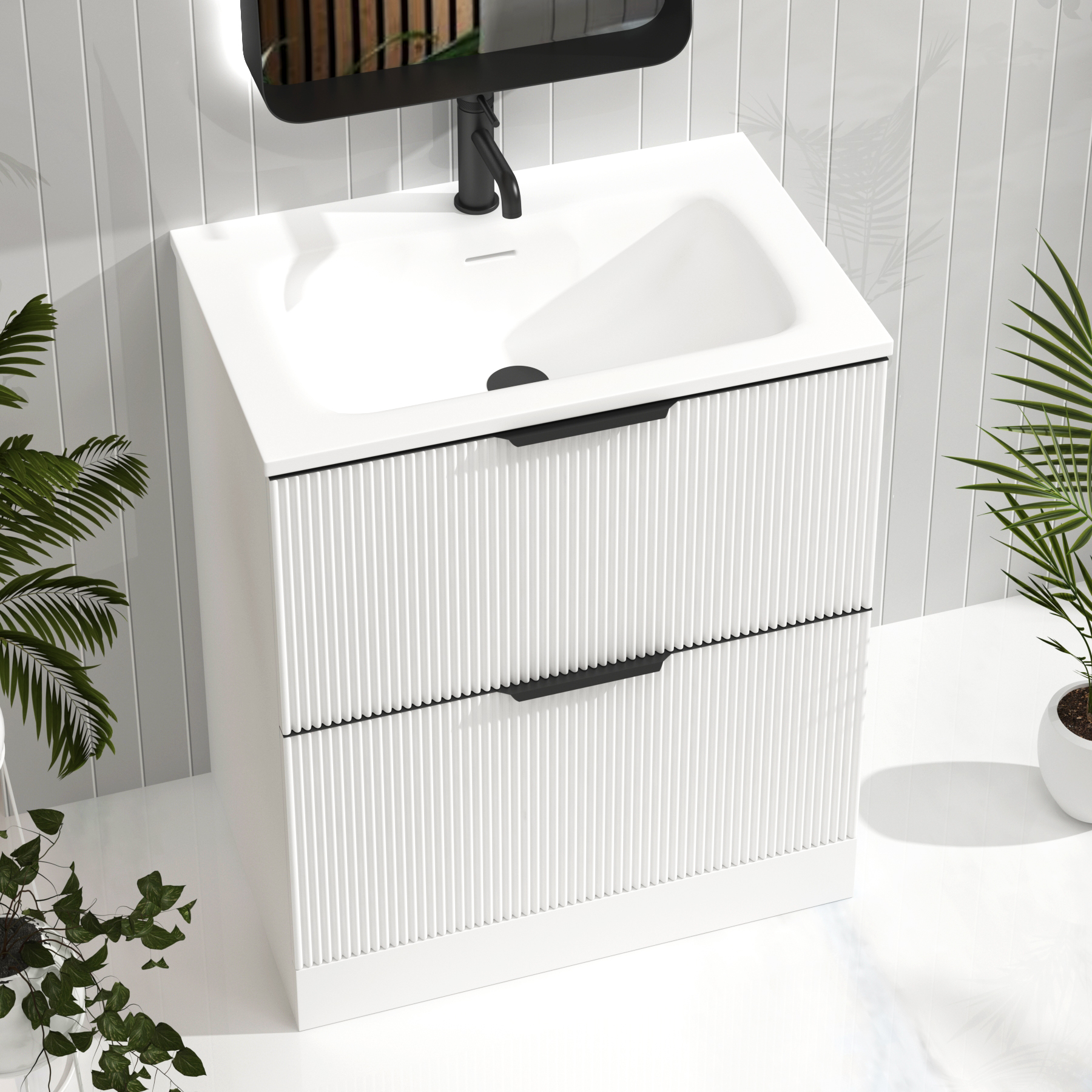 Evora 700mm Matt White Fluted Floor Standing Vanity Unit 2 Drawer with Matt Stone Basin & Matt Black Handles