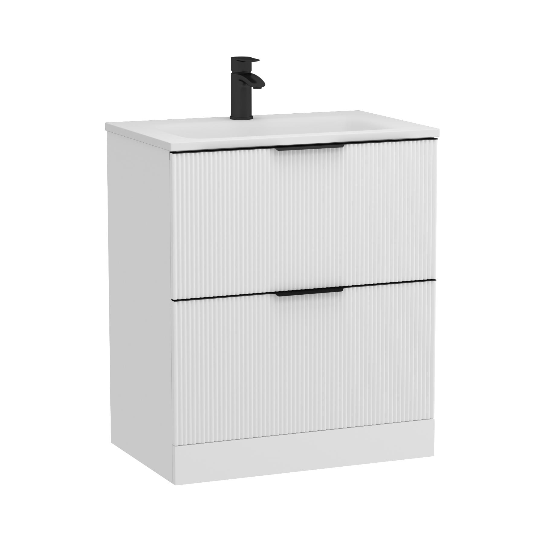 Evora 700mm Matt White Fluted Floor Standing Vanity Unit 2 Drawer with Matt Stone Basin & Matt Black Handles