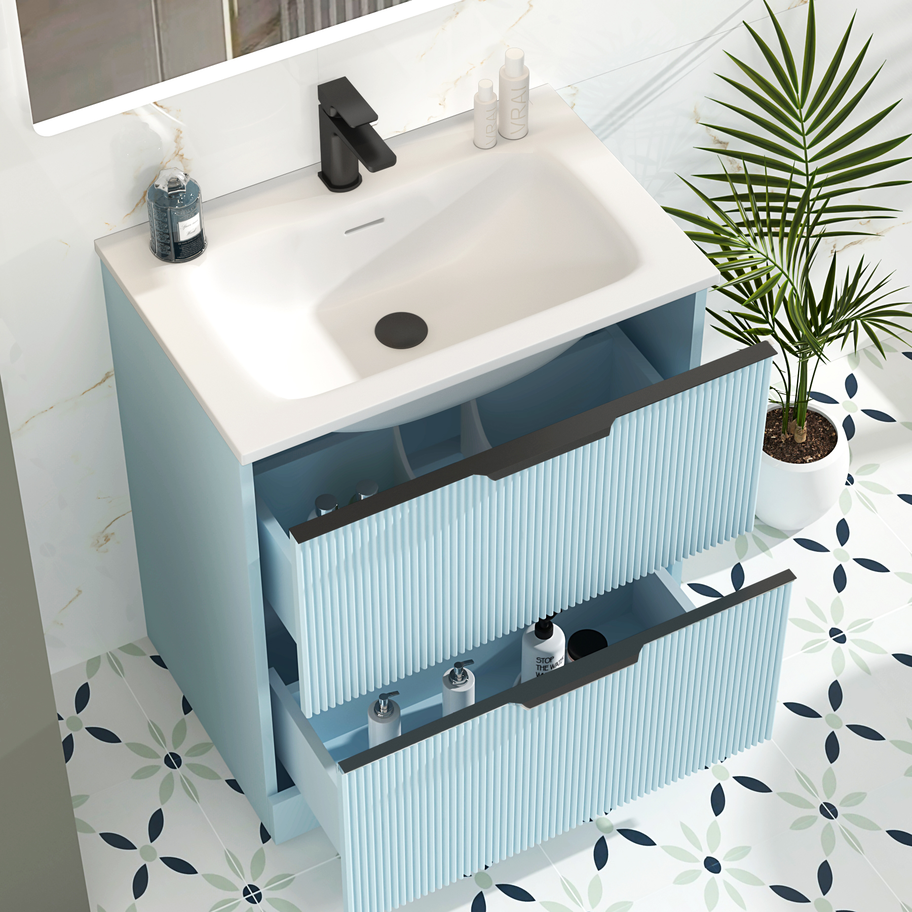 Evora 700mm Powder Blue Fluted Floor Standing Vanity Unit 2 Drawer with Matt Stone Basin & Matt Black Handles