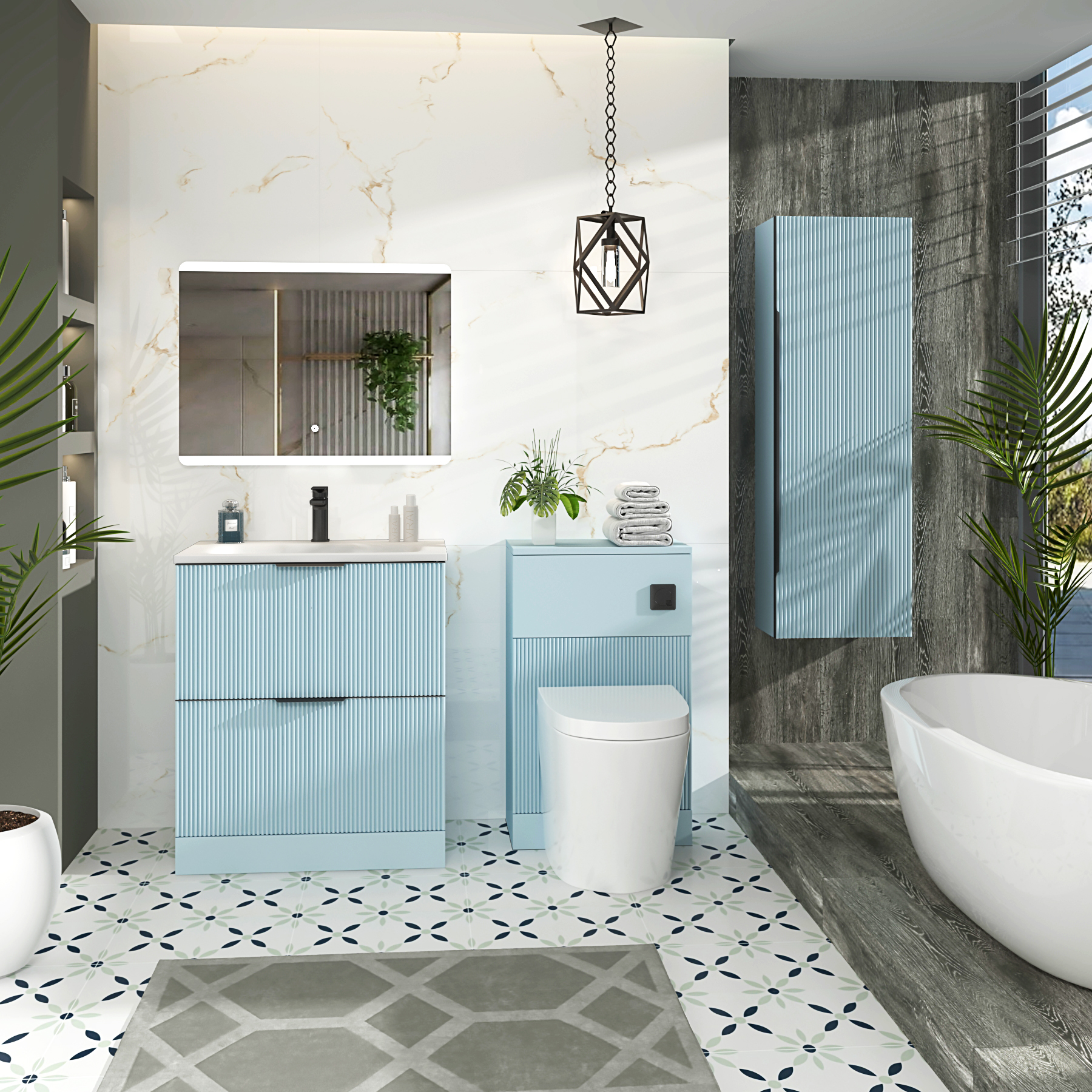 Evora 700mm Powder Blue Fluted Floor Standing Vanity Unit 2 Drawer with Matt Stone Basin & Matt Black Handles