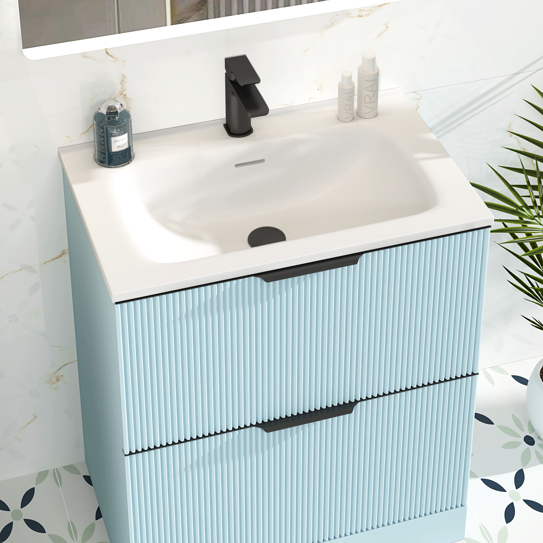 Evora 700mm Powder Blue Fluted Floor Standing Vanity Unit 2 Drawer with Matt Stone Basin & Matt Black Handles