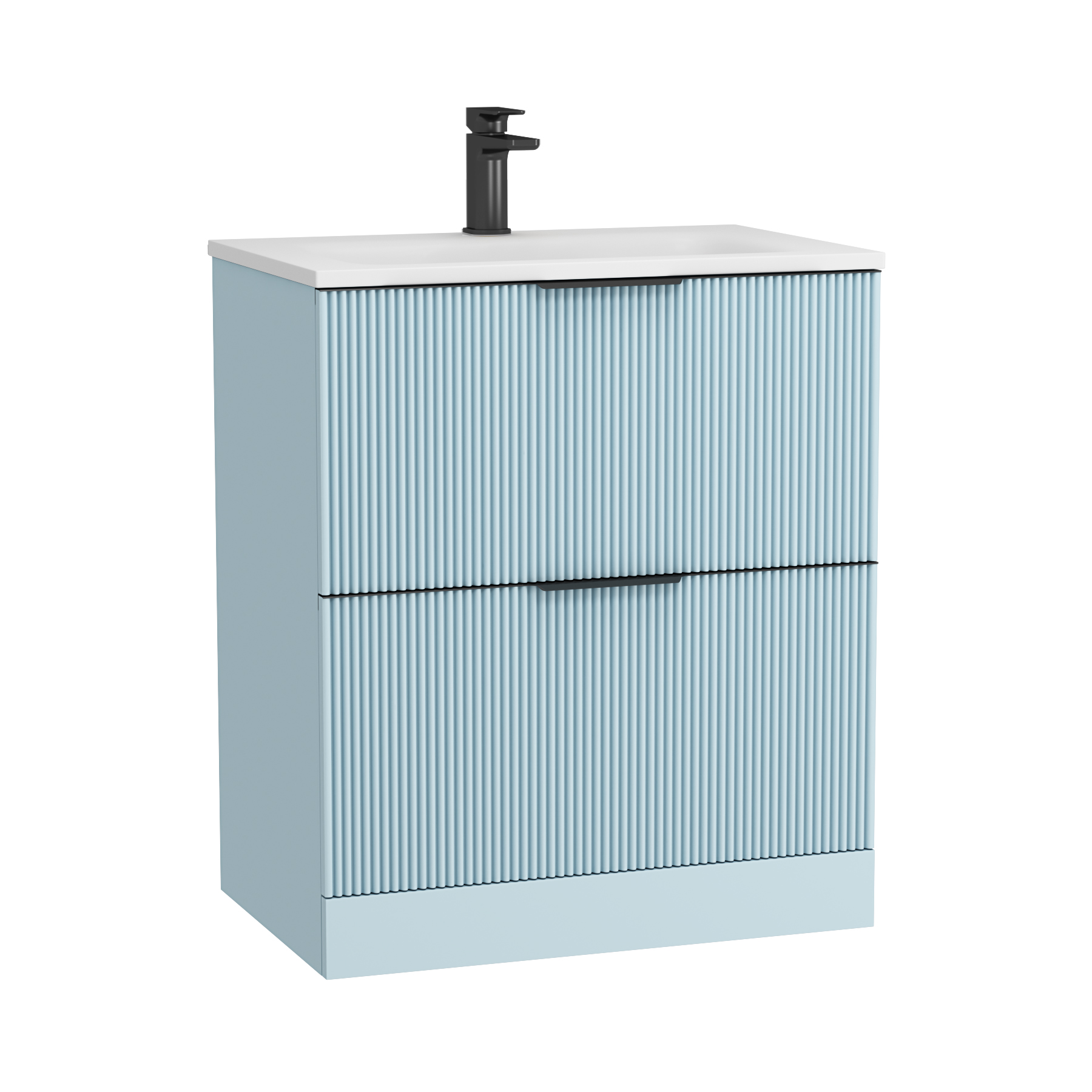 Evora 700mm Powder Blue Fluted Floor Standing Vanity Unit 2 Drawer with Matt Stone Basin & Matt Black Handles