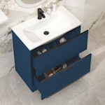 Evora 800mm Satin Blue Fluted Floor Standing Vanity Unit 2 Drawer with Undrilled Stone Basin & Matt Black Handles