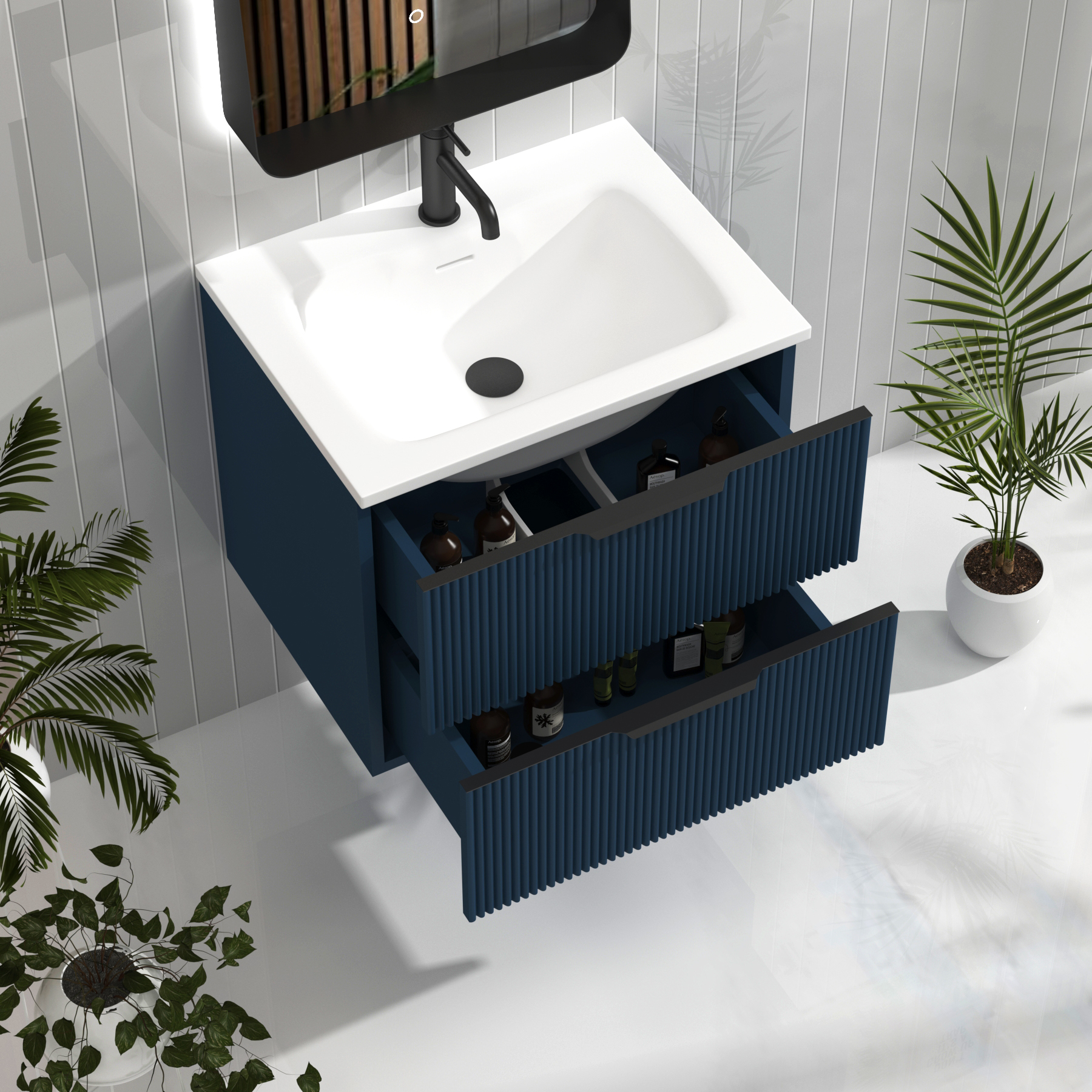 Evora Midnight Blue Fluted Wall Hung Vanity Unit 2 Drawer with Matt Stone Basin - Multiple Size