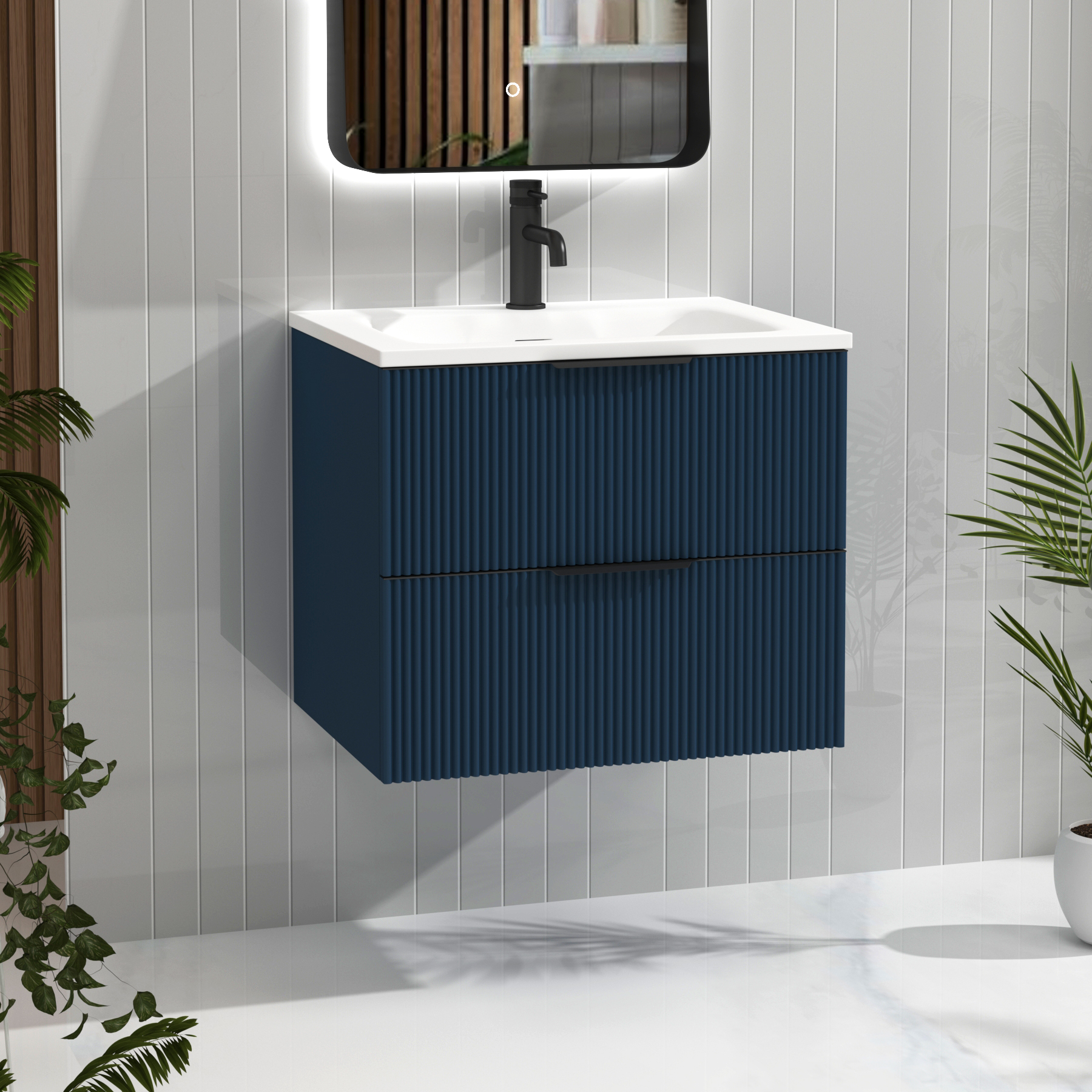 Evora Midnight Blue Fluted Wall Hung Vanity Unit 2 Drawer with Matt Stone Basin - Multiple Size