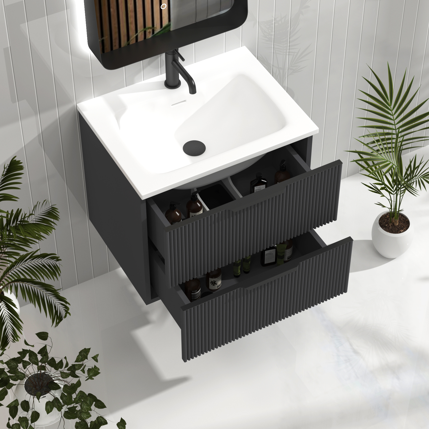 Evora Graphite Grey Fluted Wall Hung Vanity Unit 2 Drawer with Matt Stone Basin - Multiple Size