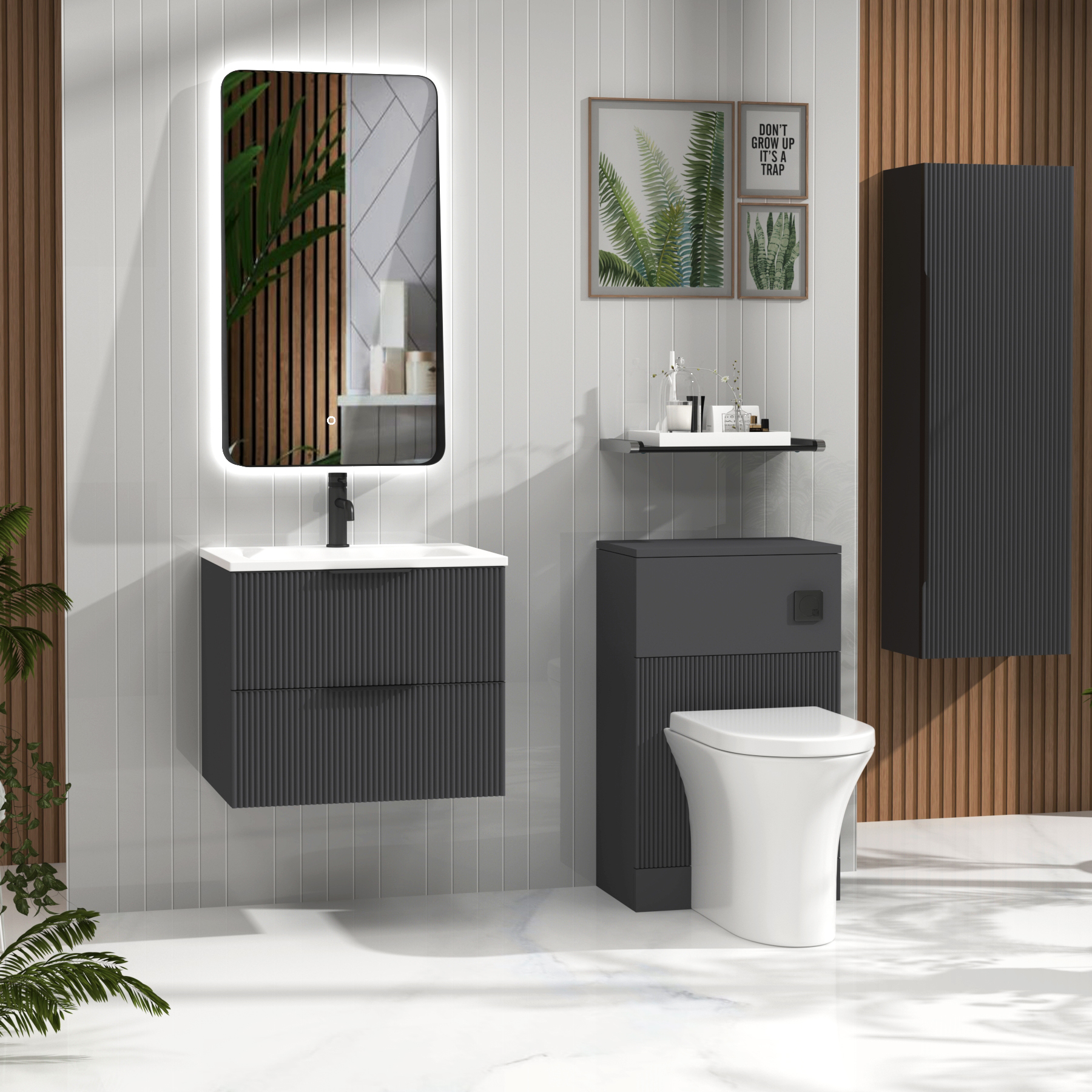 Evora Graphite Grey Fluted Wall Hung Vanity Unit 2 Drawer with Matt Stone Basin - Multiple Size