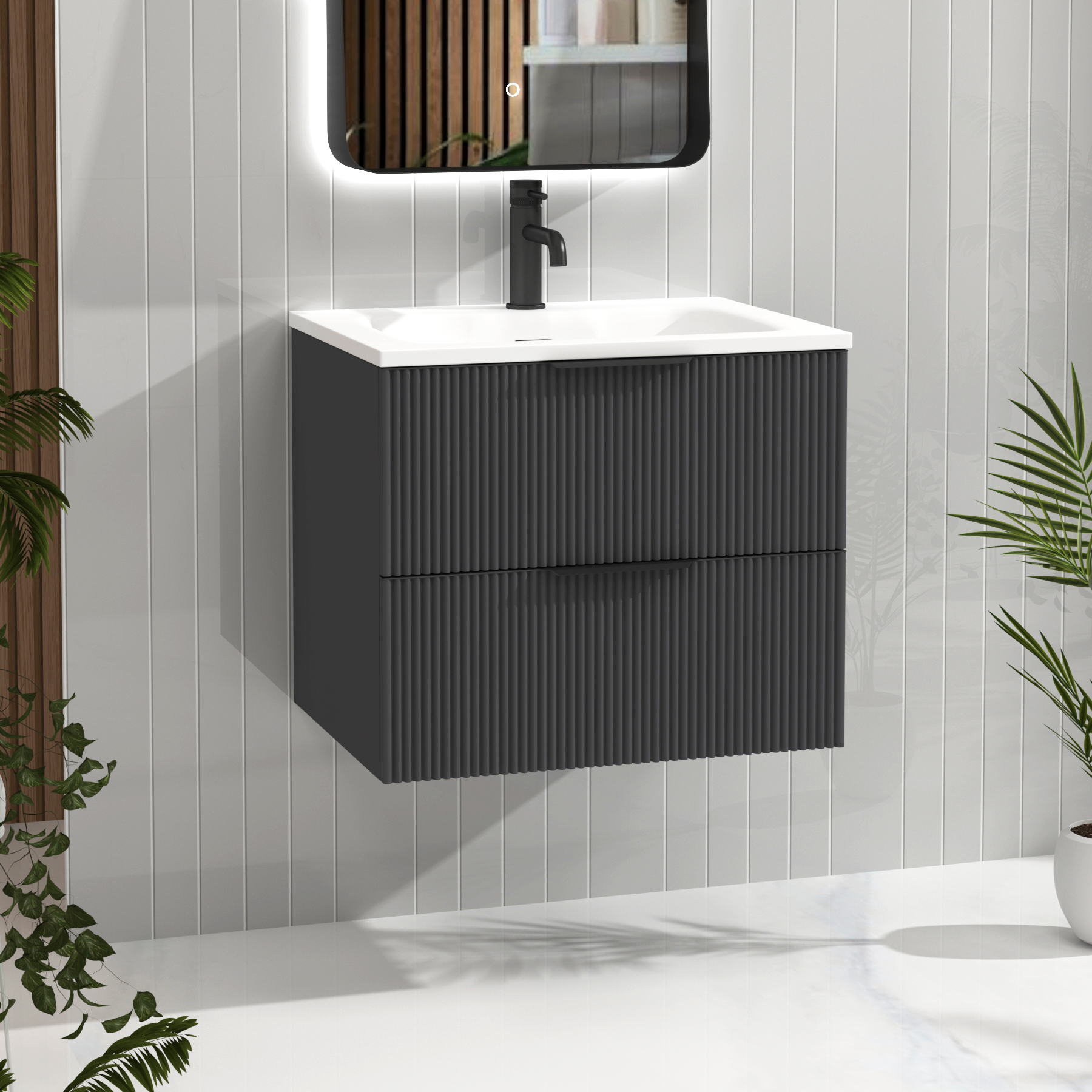 Evora Graphite Grey Fluted Wall Hung Vanity Unit 2 Drawer with Matt Stone Basin - Multiple Size