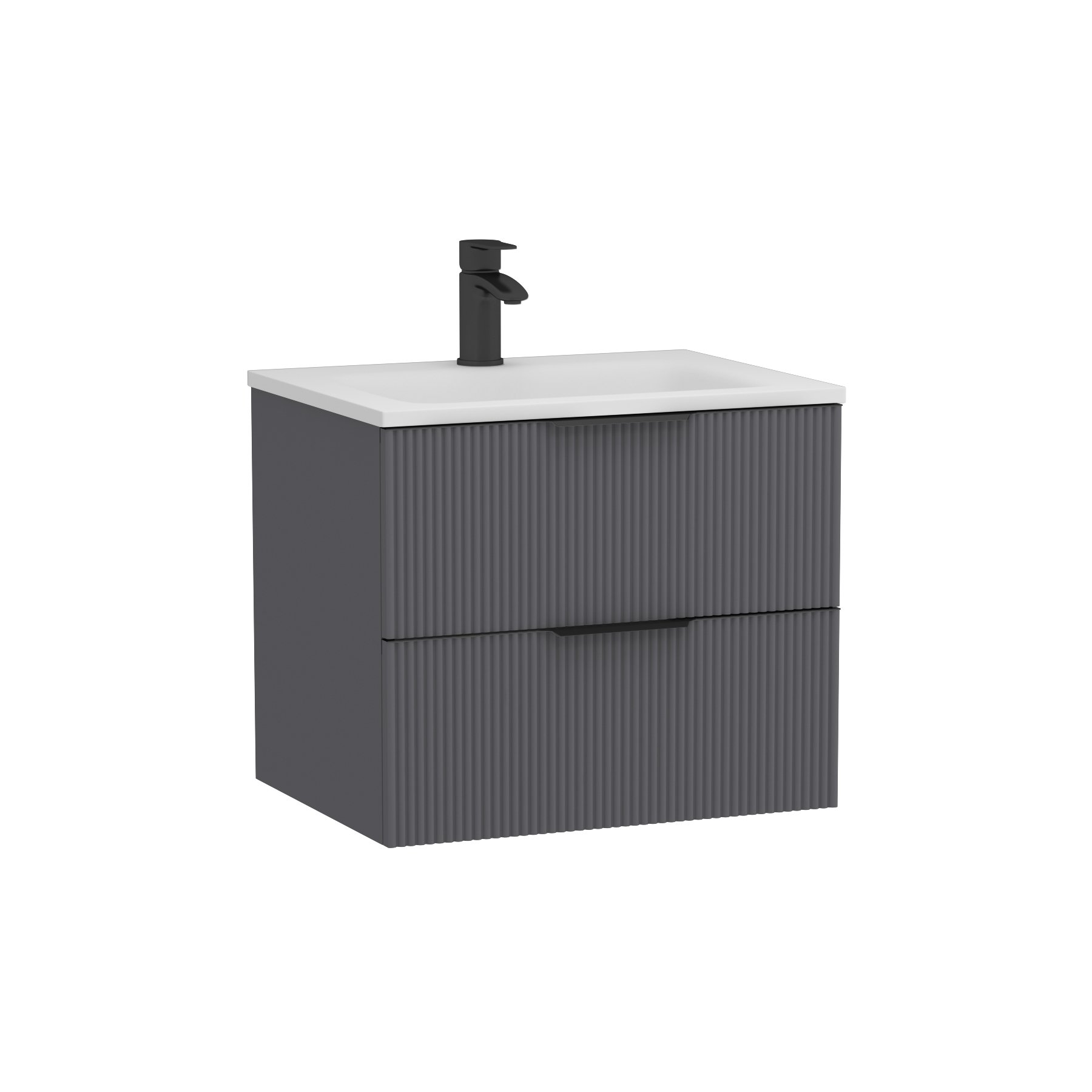 Evora Graphite Grey Fluted Wall Hung Vanity Unit 2 Drawer with Matt Stone Basin - Multiple Size