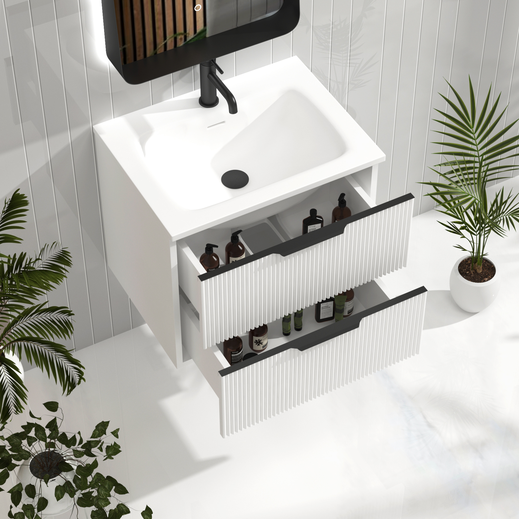 Evora Matt White Fluted Wall Hung Vanity Unit 2 Drawer with Matt Stone Basin - Multiple Size