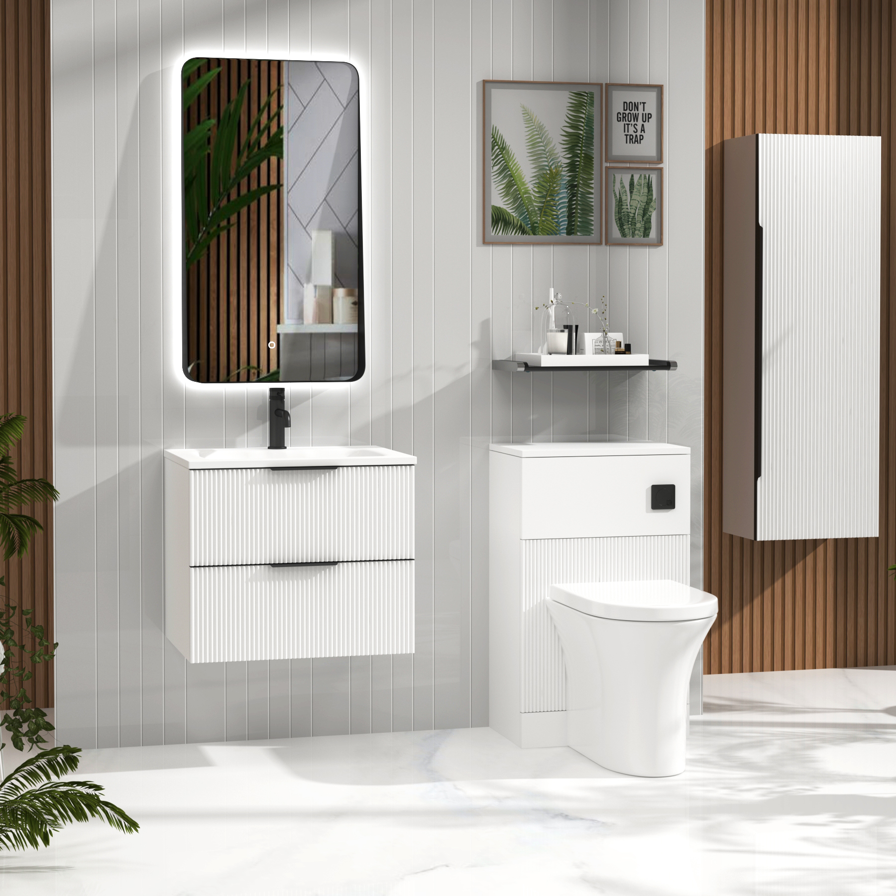 Evora Matt White Fluted Wall Hung Vanity Unit 2 Drawer with Matt Stone Basin - Multiple Size