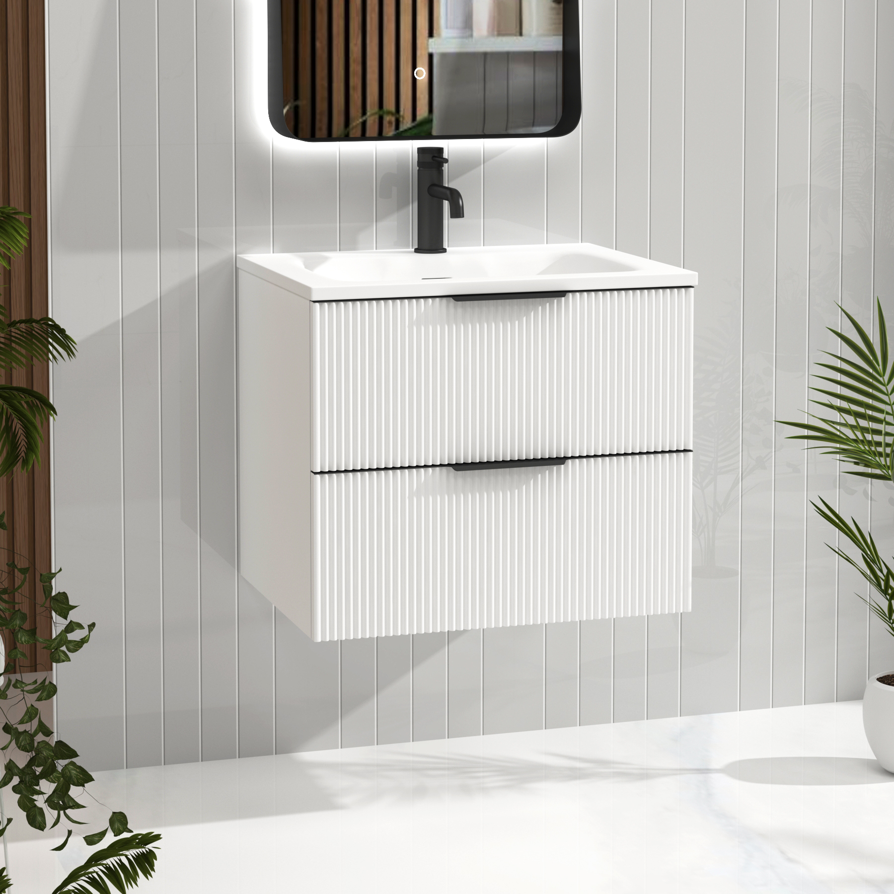 Evora Matt White Fluted Wall Hung Vanity Unit 2 Drawer with Matt Stone Basin - Multiple Size
