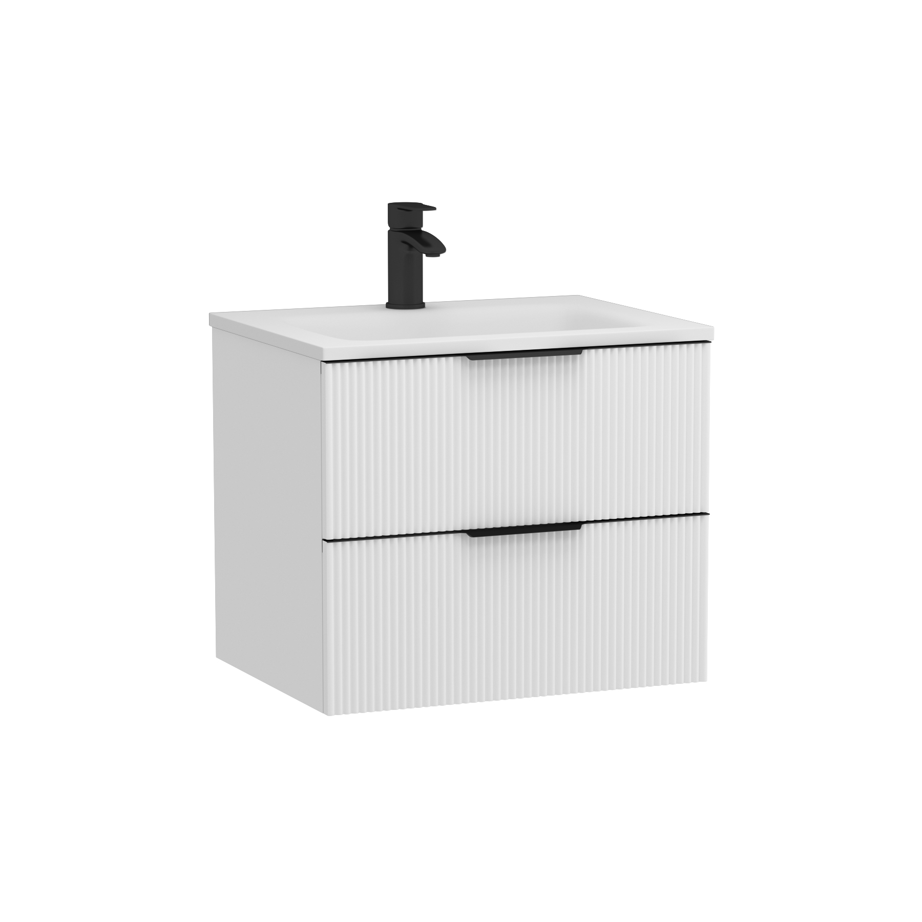 Evora Matt White Fluted Wall Hung Vanity Unit 2 Drawer with Matt Stone Basin - Multiple Size