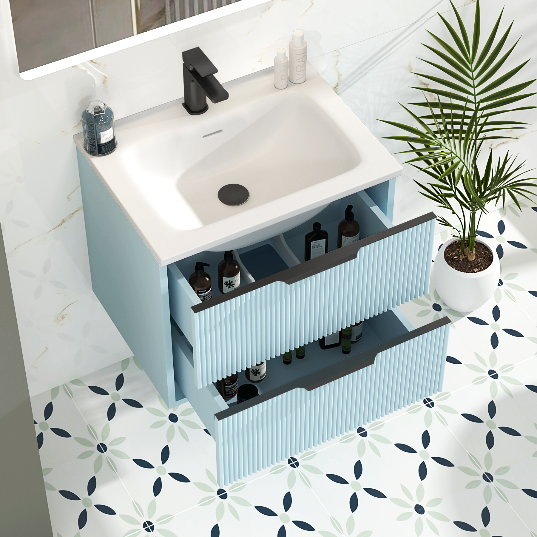 Evora Powder Blue Fluted Wall Hung Vanity Unit 2 Drawer with Matt Stone Basin - Multiple Size