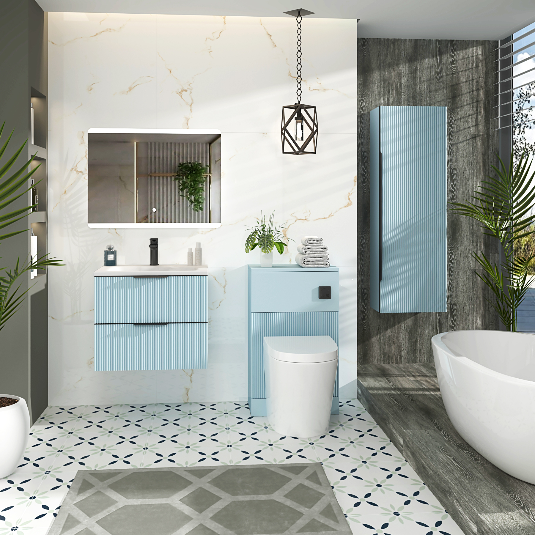Evora Powder Blue Fluted Wall Hung Vanity Unit 2 Drawer with Matt Stone Basin - Multiple Size