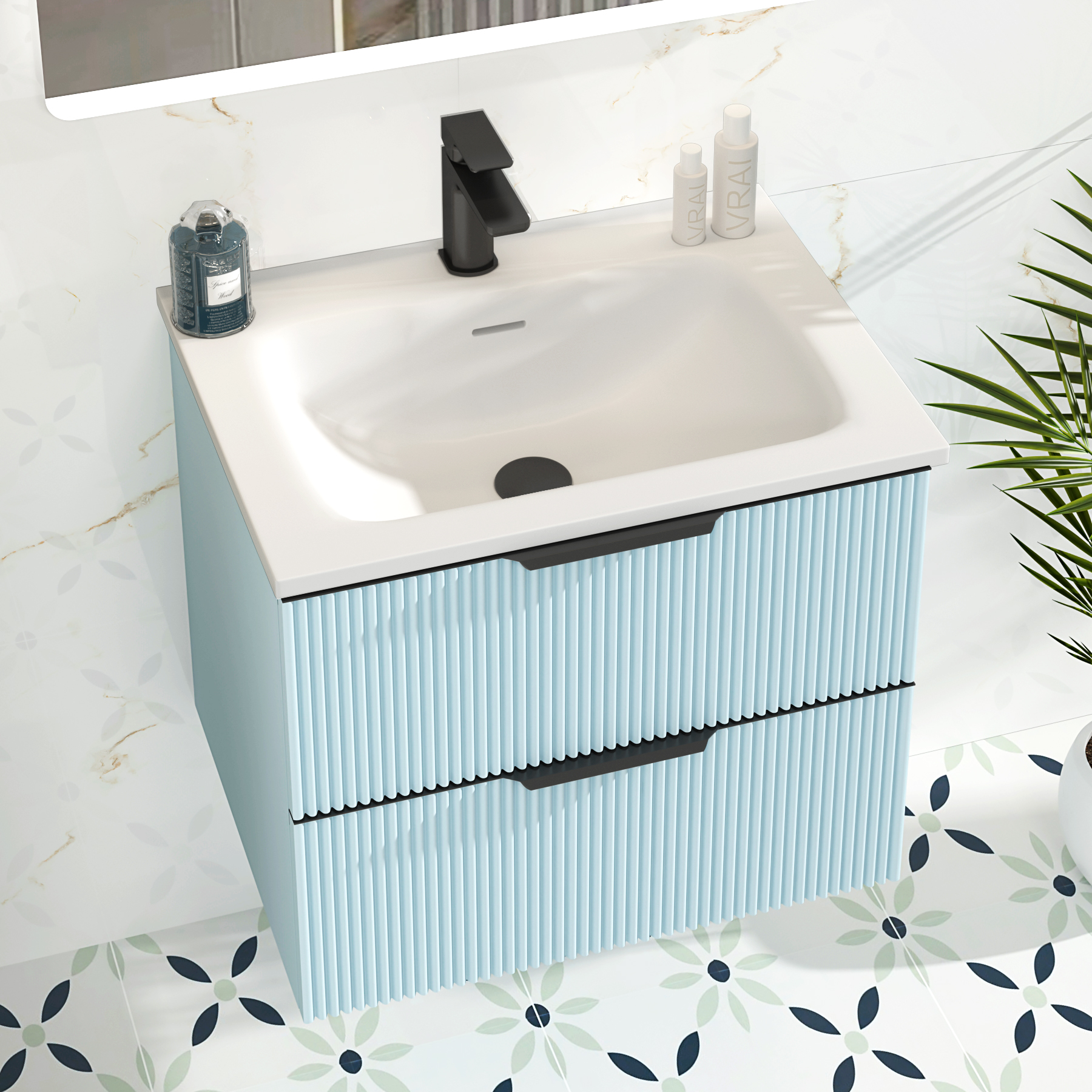 Evora Powder Blue Fluted Wall Hung Vanity Unit 2 Drawer with Matt Stone Basin - Multiple Size