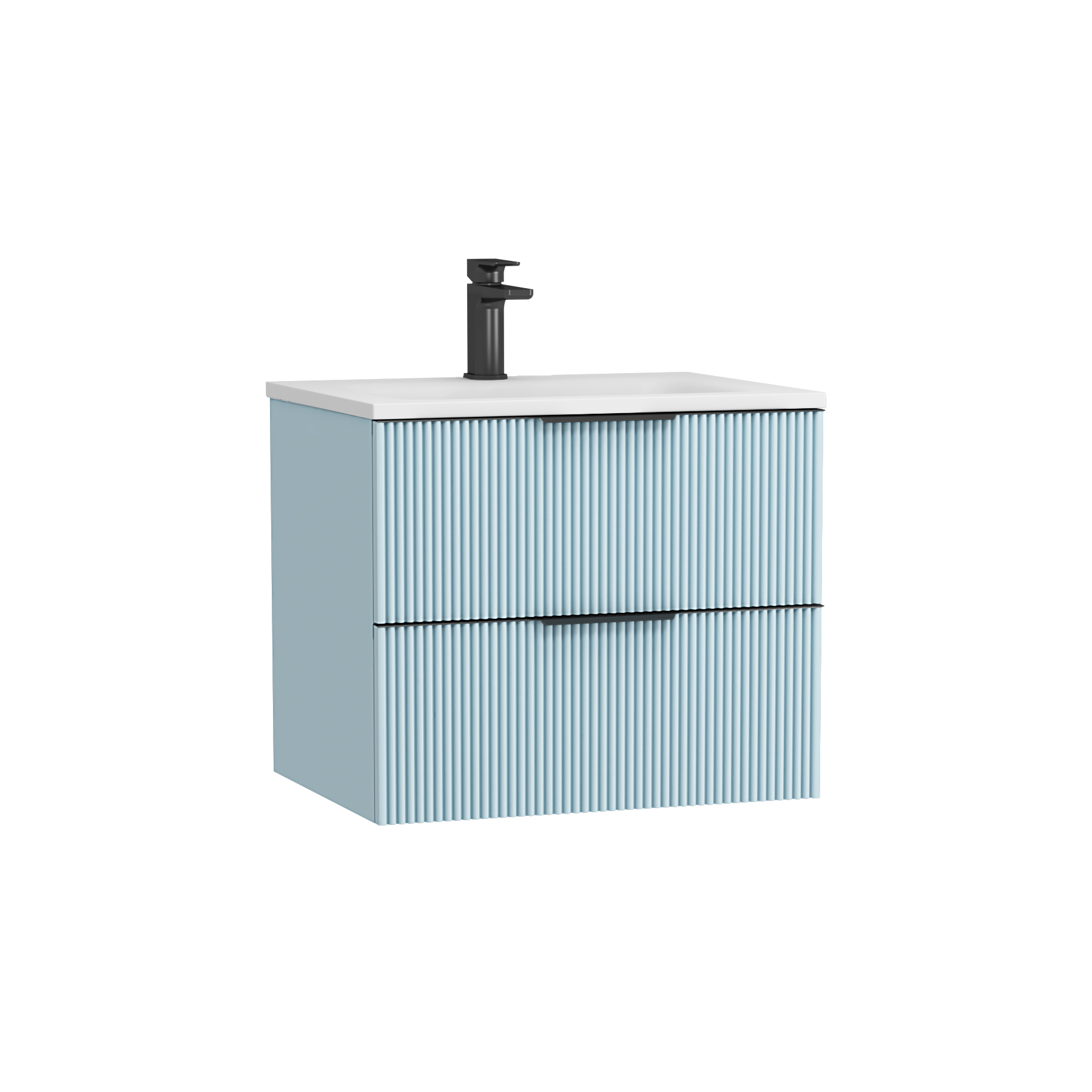 Evora Powder Blue Fluted Wall Hung Vanity Unit 2 Drawer with Matt Stone Basin - Multiple Size