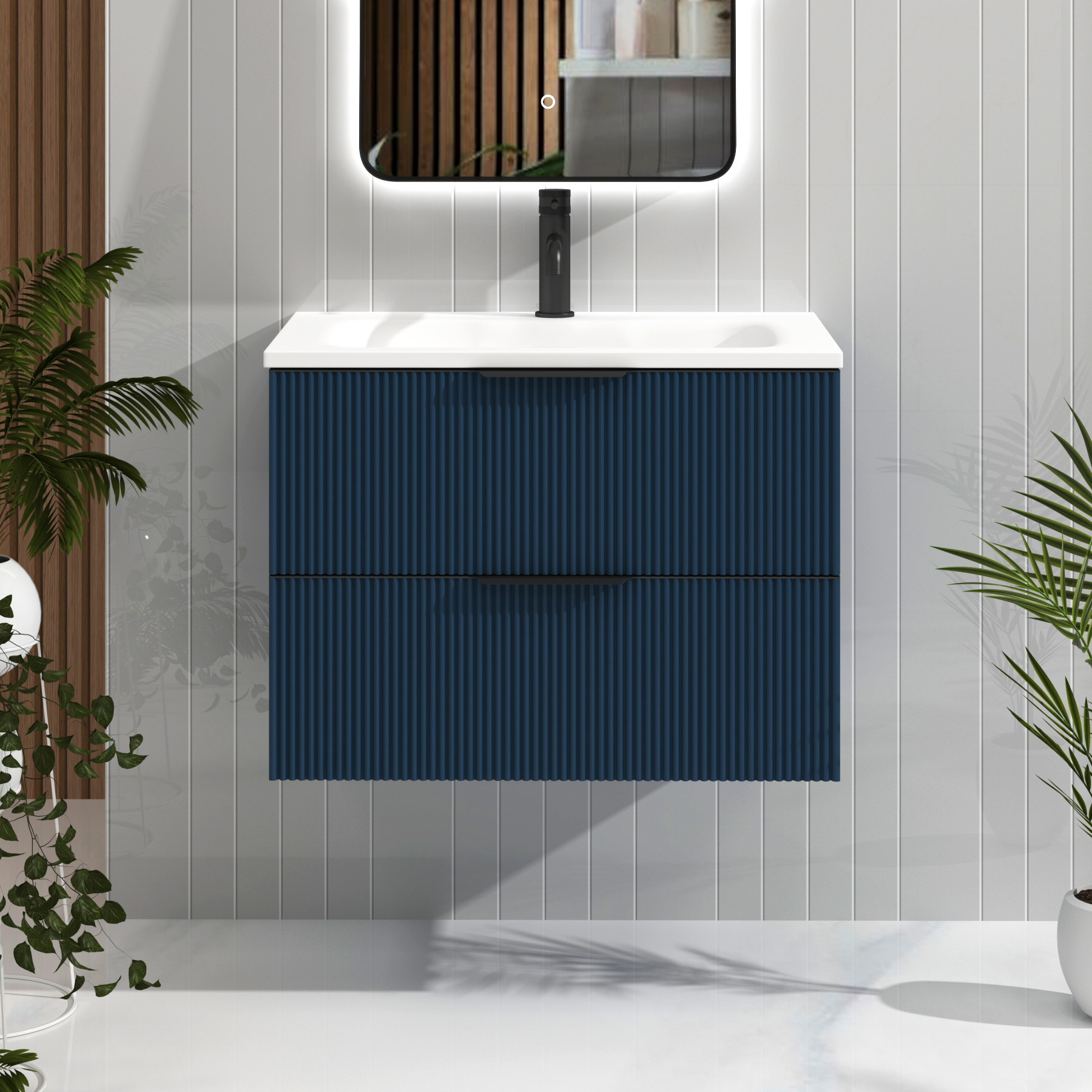 Evora 700mm Midnight Blue Fluted Wall Hung Vanity Unit 2 Drawer with Matt Stone Basin & Matt Black Handles