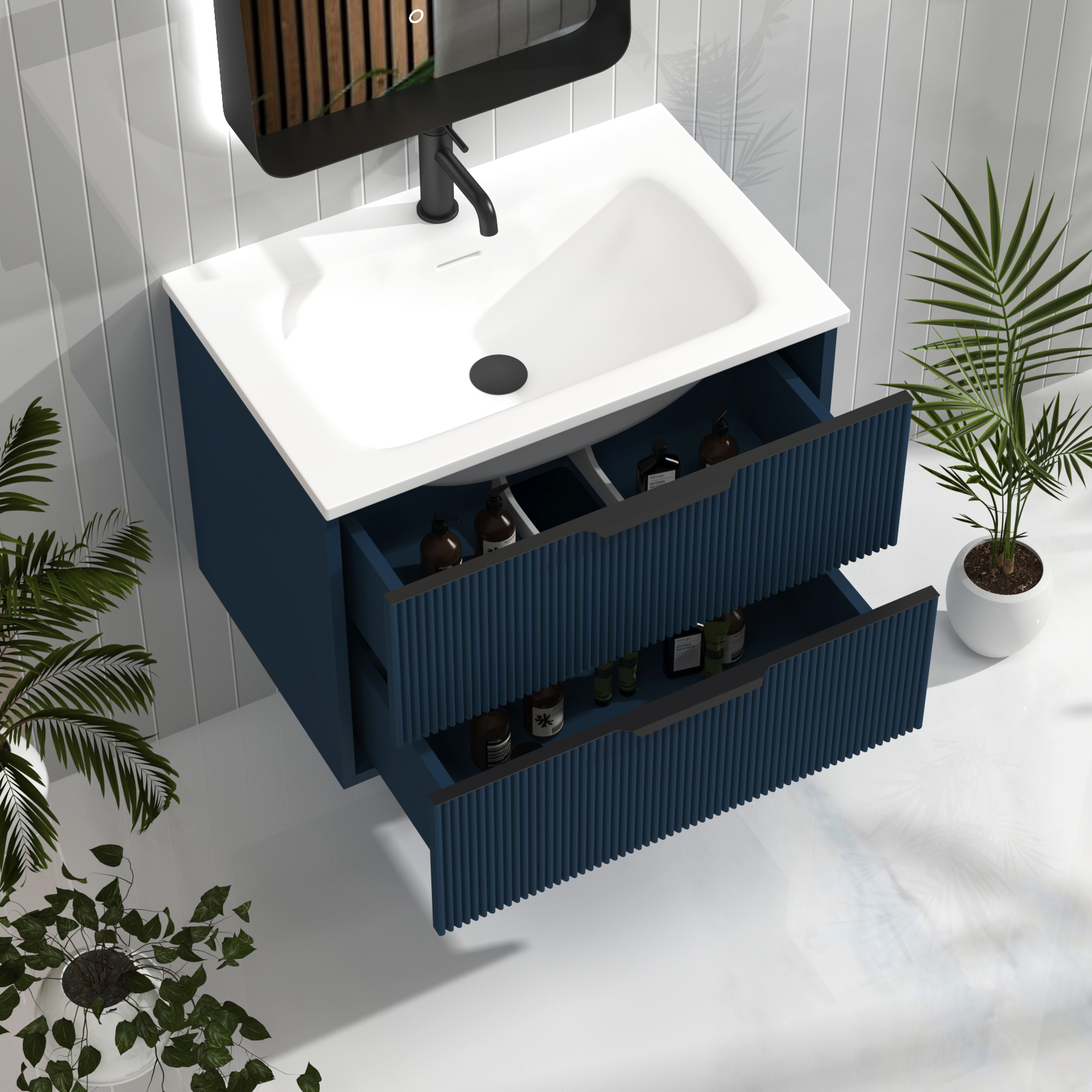 Evora 700mm Midnight Blue Fluted Wall Hung Vanity Unit 2 Drawer with Matt Stone Basin & Matt Black Handles