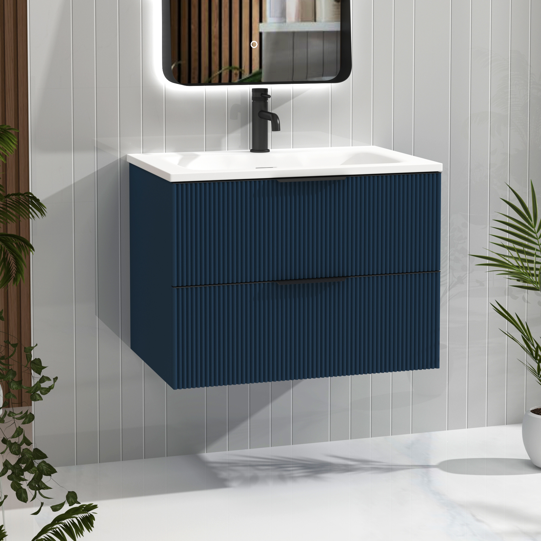 Evora 700mm Midnight Blue Fluted Wall Hung Vanity Unit 2 Drawer with Matt Stone Basin & Matt Black Handles
