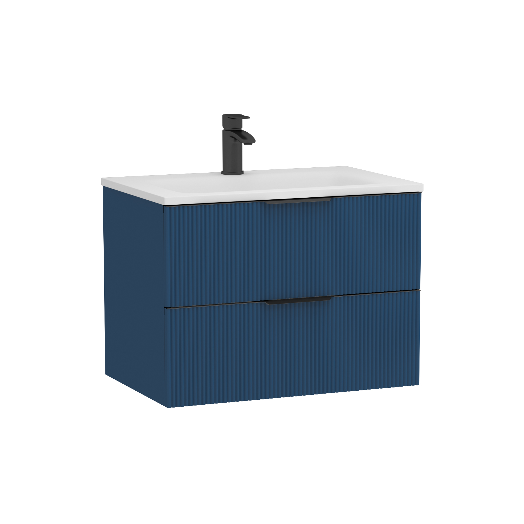 Evora 700mm Midnight Blue Fluted Wall Hung Vanity Unit 2 Drawer with Matt Stone Basin & Matt Black Handles