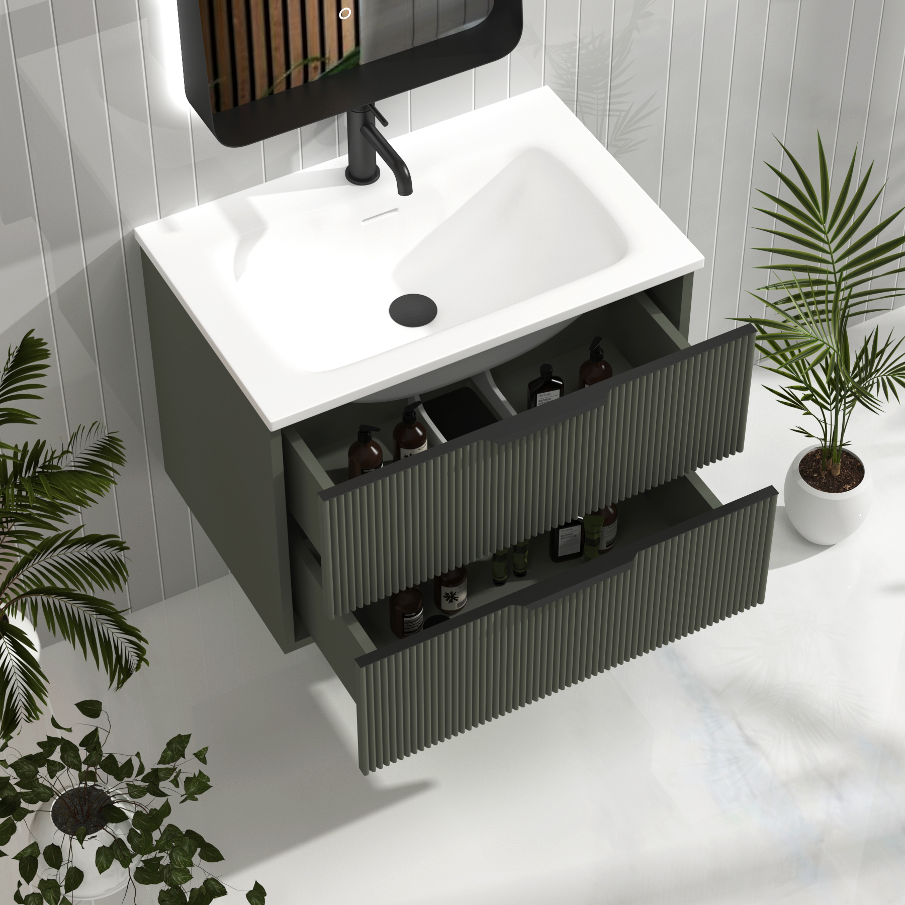 Evora 700mm Sage Green Fluted Wall Hung Vanity Unit 2 Drawer with Matt Stone Basin & Matt Black Handles