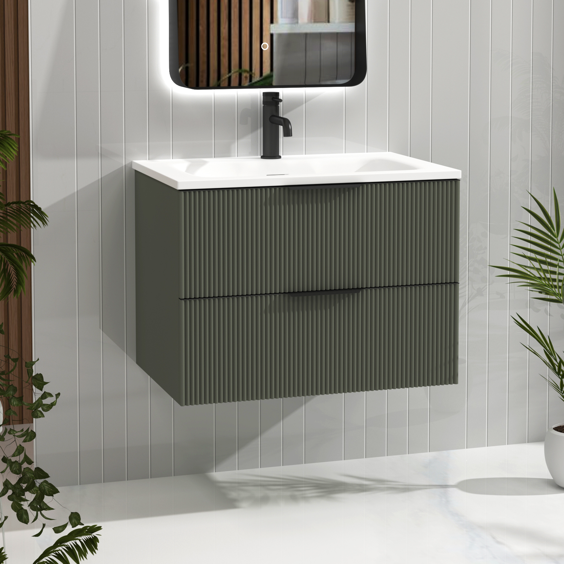 Evora 700mm Sage Green Fluted Wall Hung Vanity Unit 2 Drawer with Matt Stone Basin & Matt Black Handles