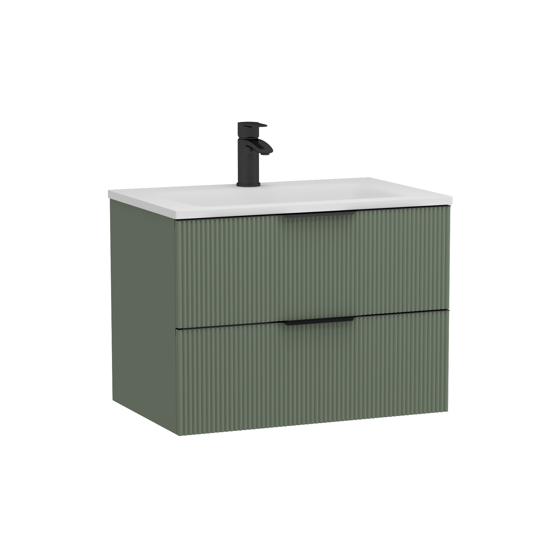 Evora 700mm Sage Green Fluted Wall Hung Vanity Unit 2 Drawer with Matt Stone Basin & Matt Black Handles
