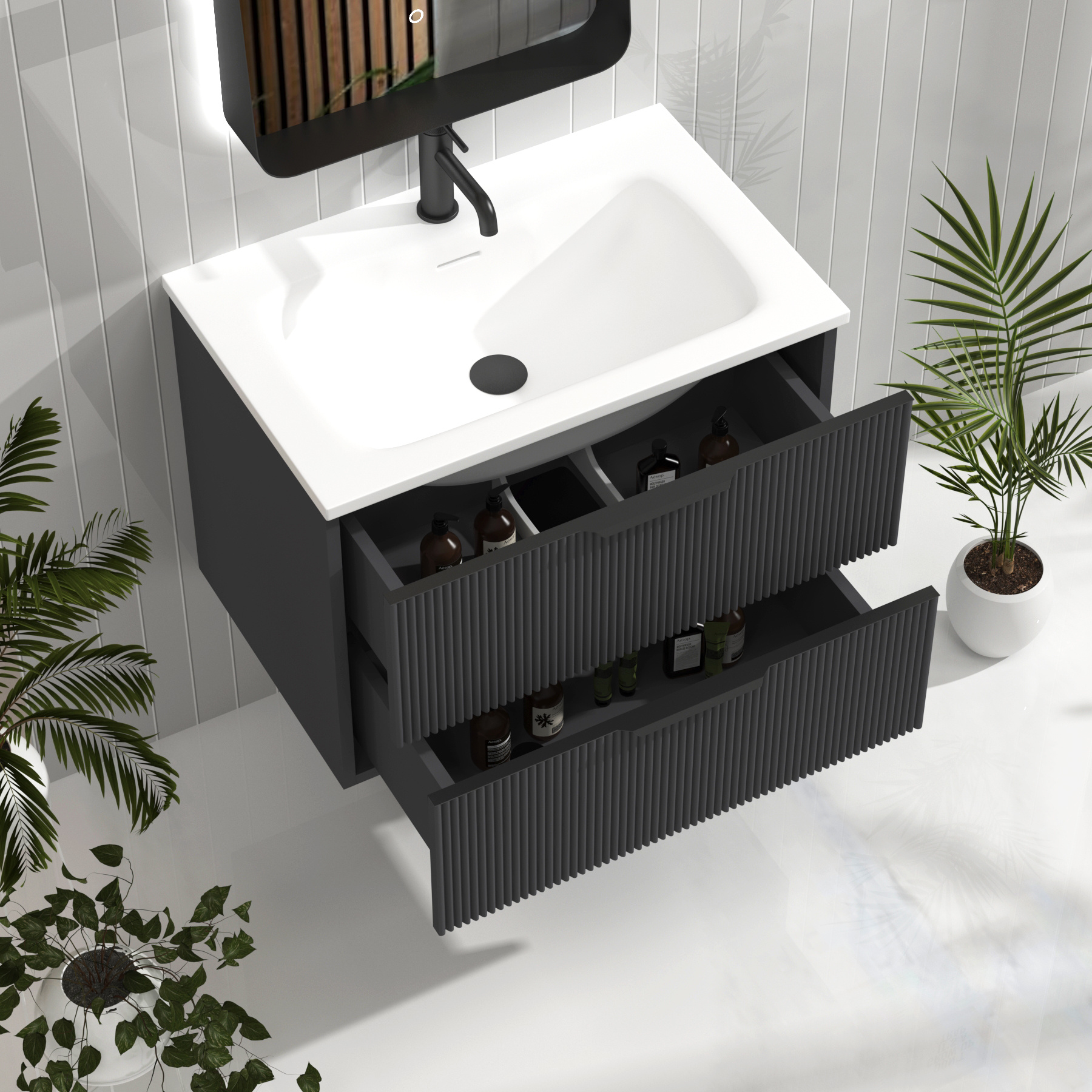 Evora 700mm Graphite Grey Fluted Wall Hung Vanity Unit 2 Drawer with Matt Stone Basin & Matt Black Handles