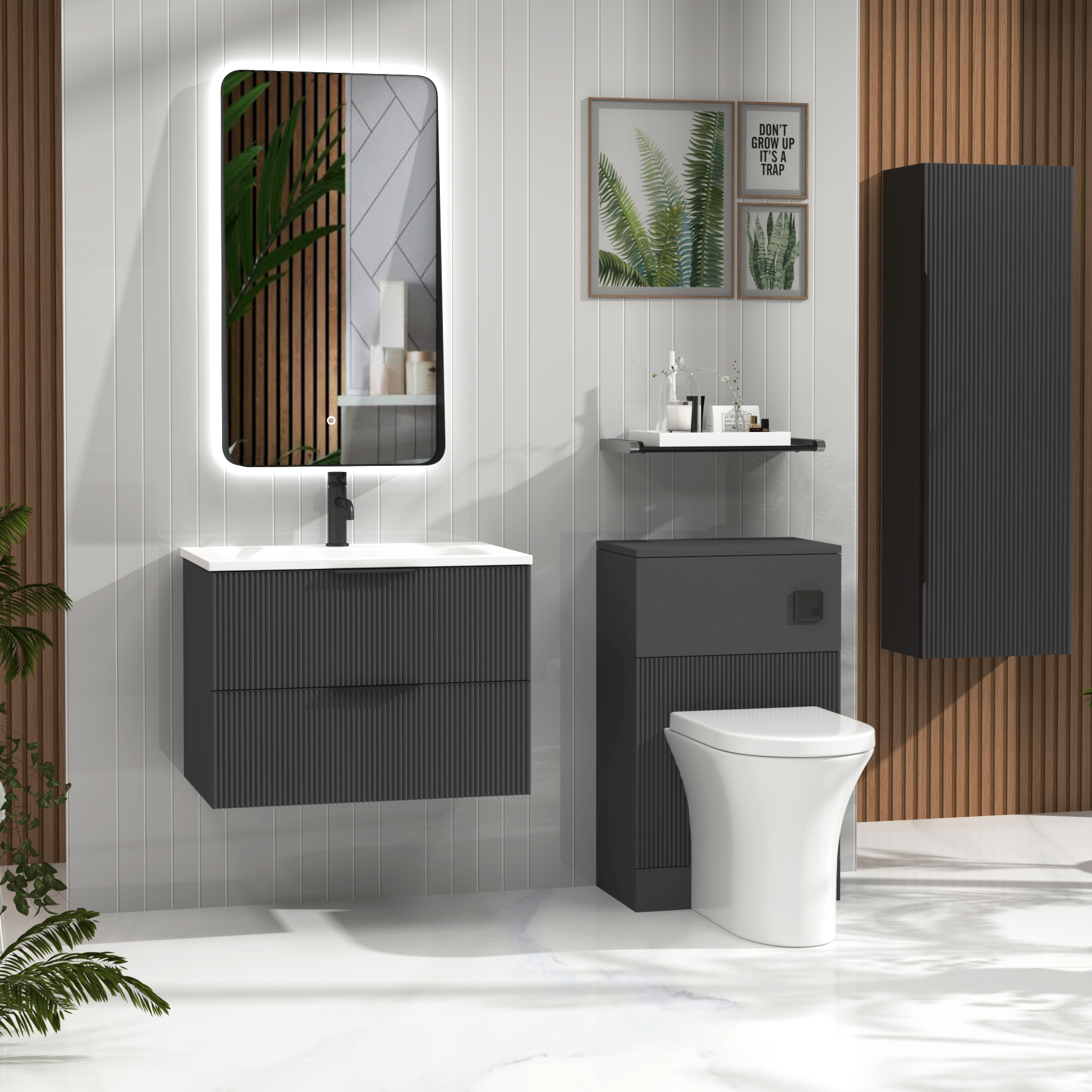 Evora 700mm Graphite Grey Fluted Wall Hung Vanity Unit 2 Drawer with Matt Stone Basin & Matt Black Handles