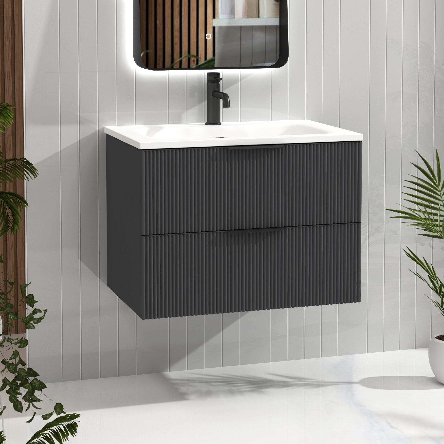 Evora 700mm Graphite Grey Fluted Wall Hung Vanity Unit 2 Drawer with Matt Stone Basin & Matt Black Handles