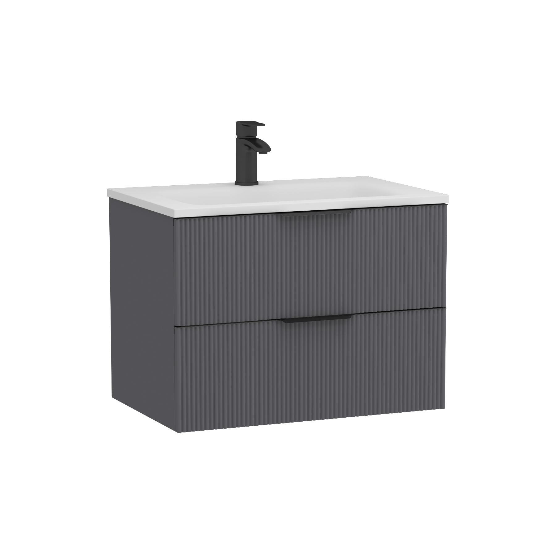 Evora 700mm Graphite Grey Fluted Wall Hung Vanity Unit 2 Drawer with Matt Stone Basin & Matt Black Handles