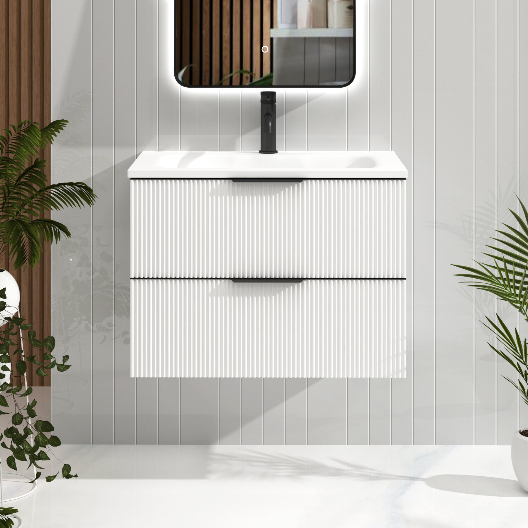 Evora 700mm Matt White Fluted Wall Hung Vanity Unit 2 Drawer with Matt Stone Basin & Matt Black Handles